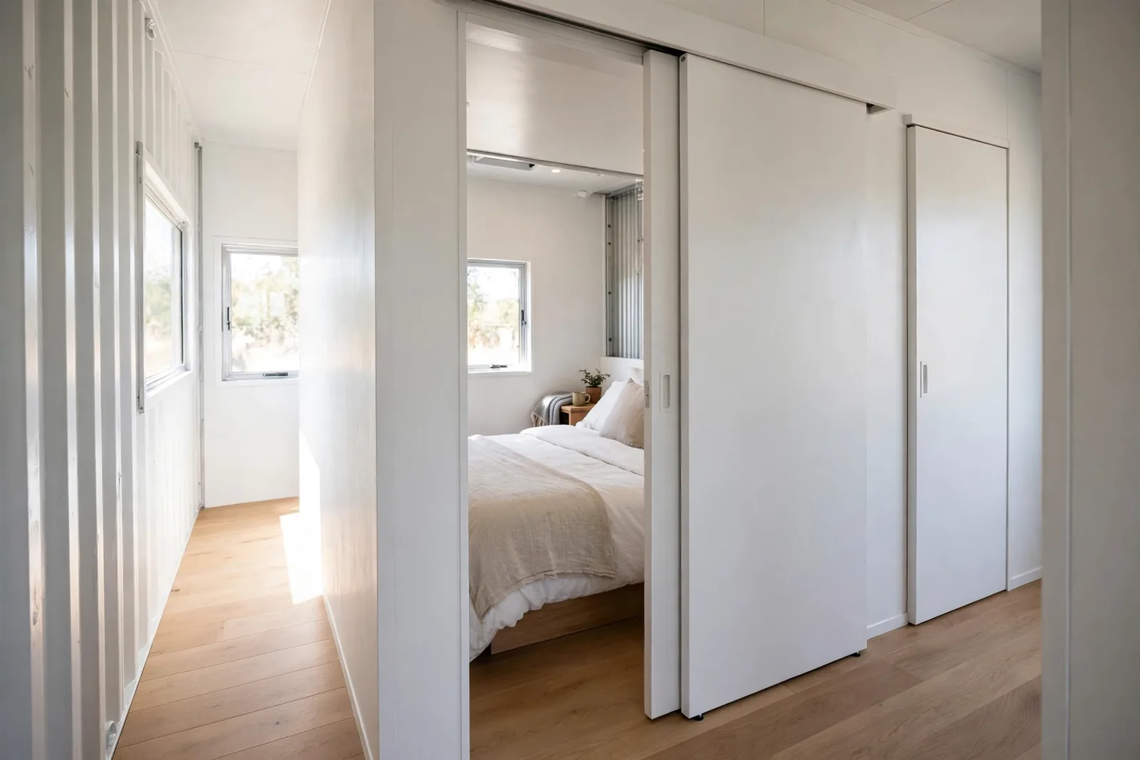 Container hallway with white sliding pocket doors, one open to reveal a bedroom with a neatly made bed