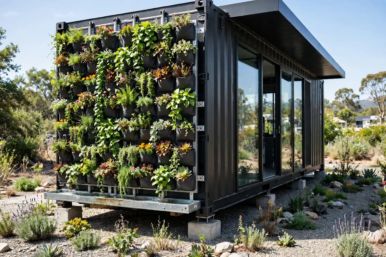 Shipping container home with a vertical pocket-plant facade of fabric planters full of flowers and trailing vines on concrete piers