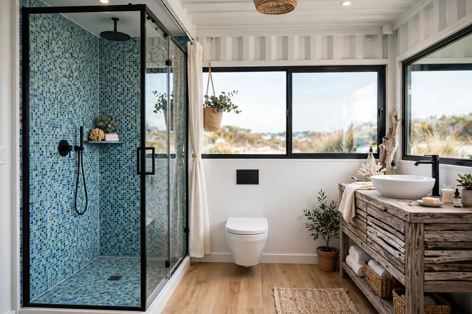 Complete container home bathroom with driftwood vanity, sea-glass mosaic shower tile, walk-in glass shower and wall-hung toilet