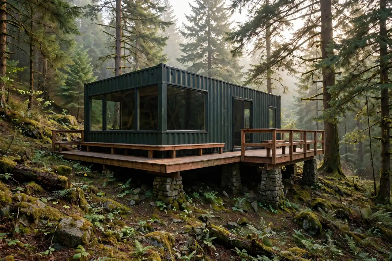 Dark green shipping container cabin with wraparound cedar deck in a pine forest