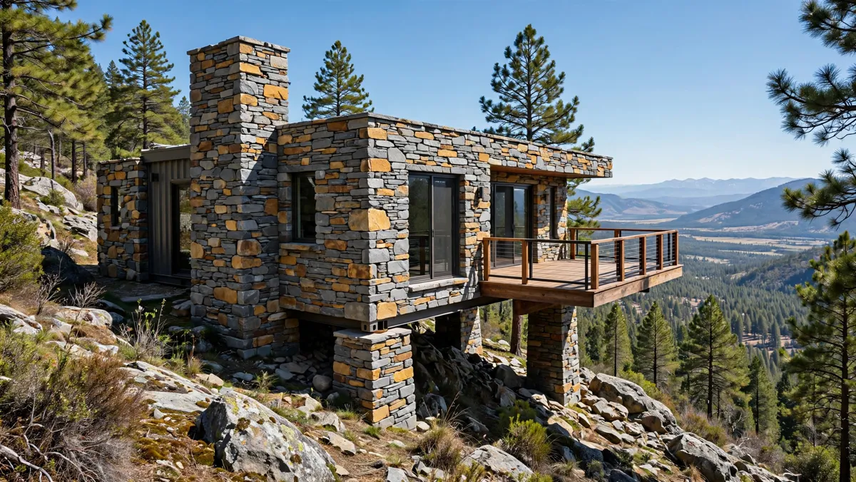 Container home wrapped in stacked natural stone veneer on a rocky hillside with a cantilevered deck facing the valley
