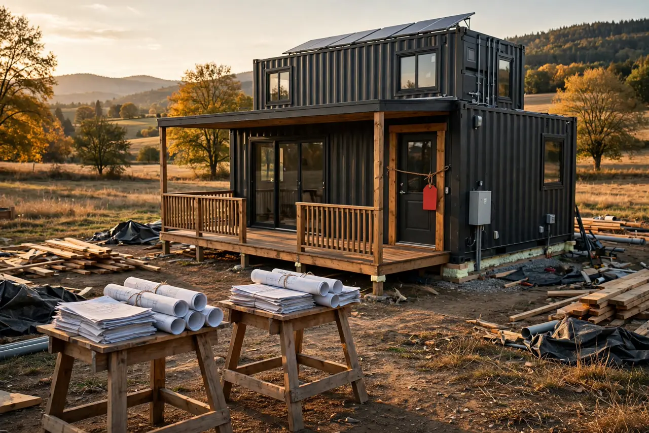 Finished black container home with a red stop-work tag on the door and rolled building plans on sawhorses, golden afternoon light