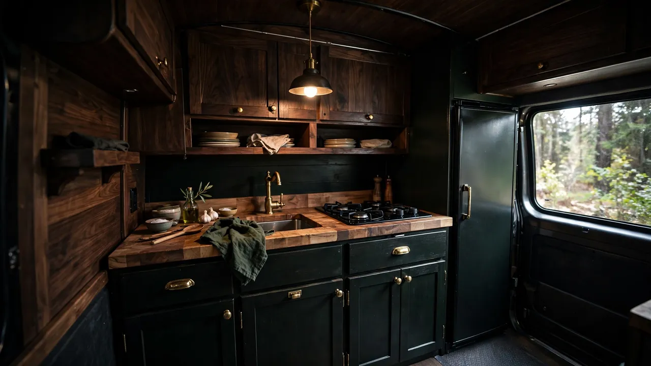 Dark walnut camper van kitchen with brass hardware and pendant light