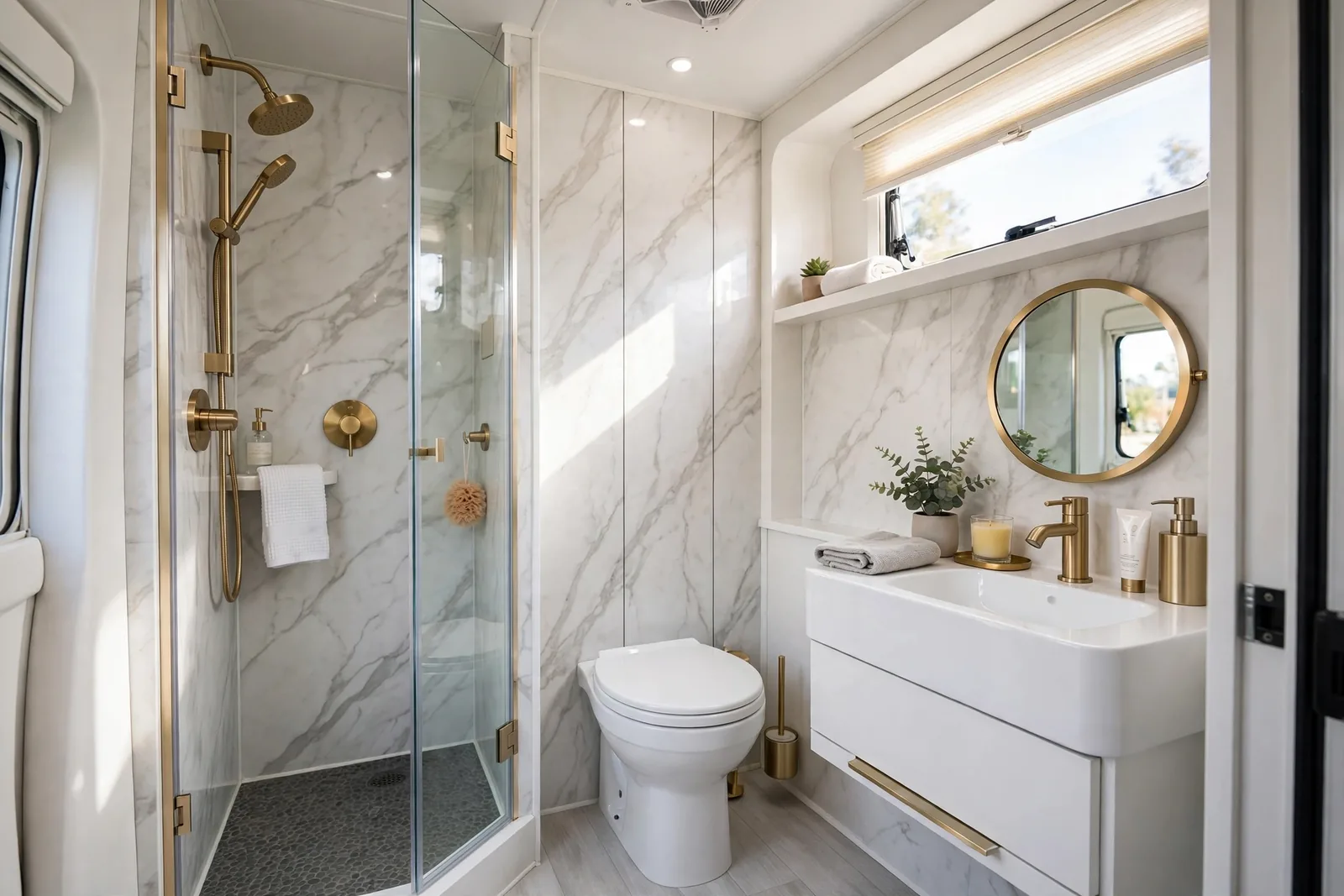 Luxurious marble-look RV bathroom with brushed gold fixtures and glass shower panel
