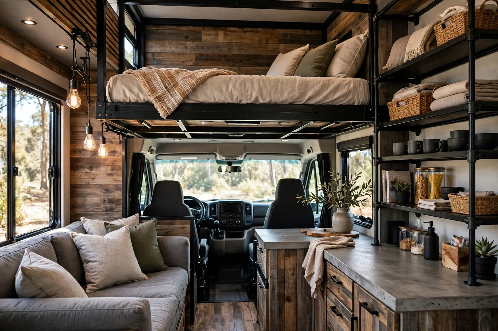 Interior view of a renovated Class C motorhome in industrial loft style, showing the cab-over bunk with a black steel frame set against reclaimed wood walls, hanging Edison bulbs, a grey lounge, and a kitchen with concrete-look counters and black steel open shelving.