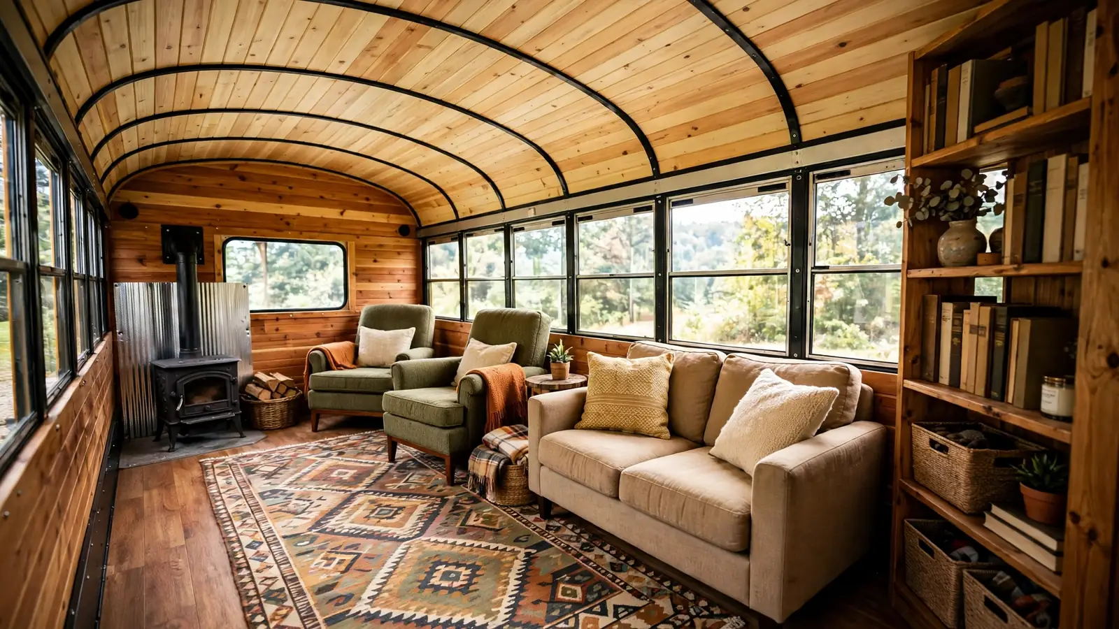 Cozy living room with tiny wood stove in a skoolie bus conversion