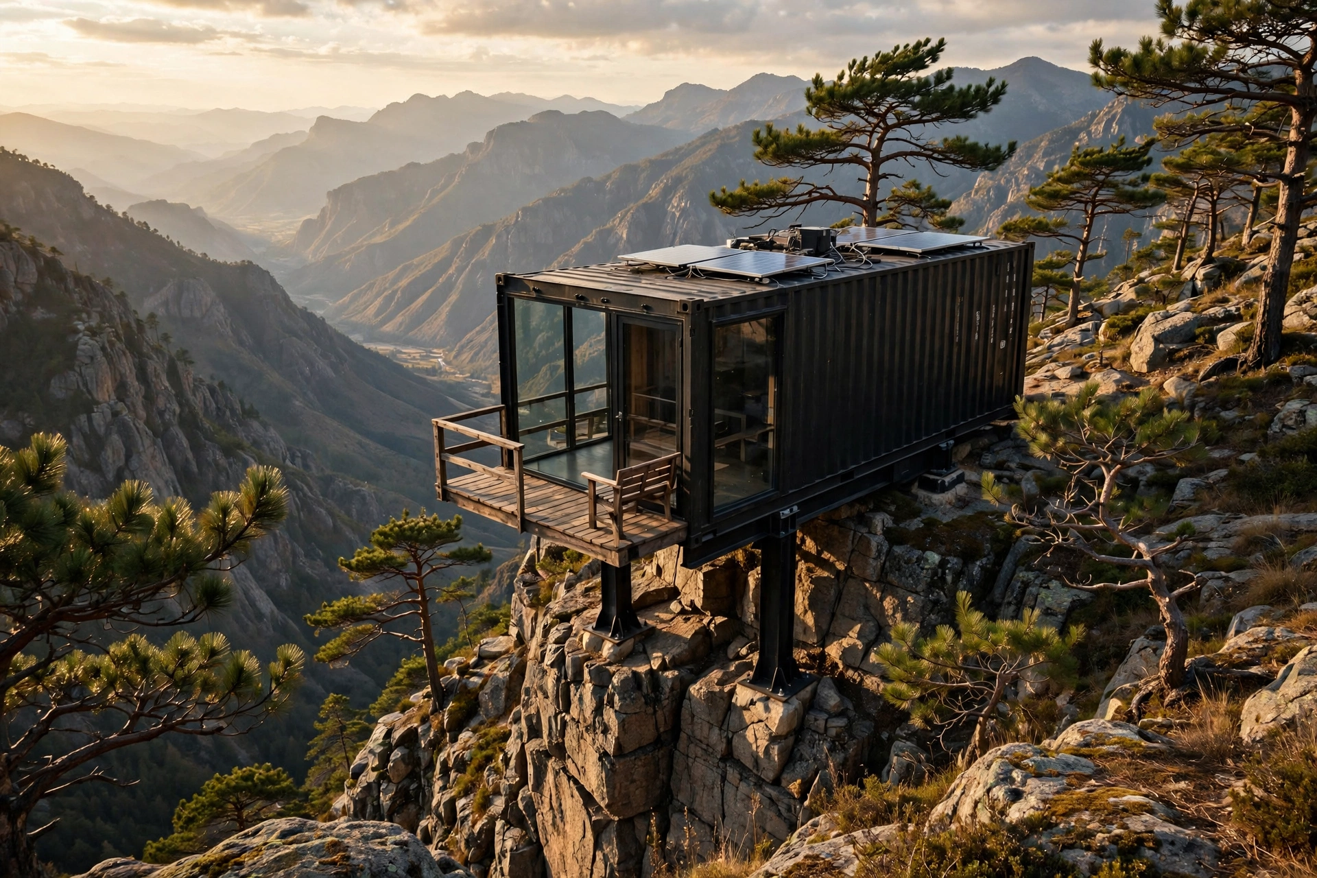 Off-grid container cabin cantilevered over a cliff on heavy steel pillars with a glass corner wall and a deck with bench facing the mountain valley
