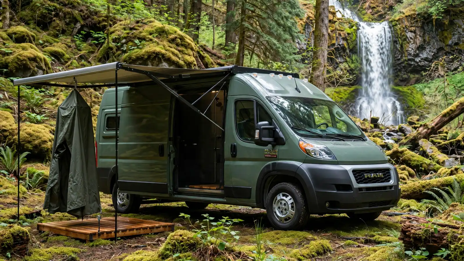 Forest-green Ram ProMaster with a side awning and hanging outdoor shower enclosure in the woods