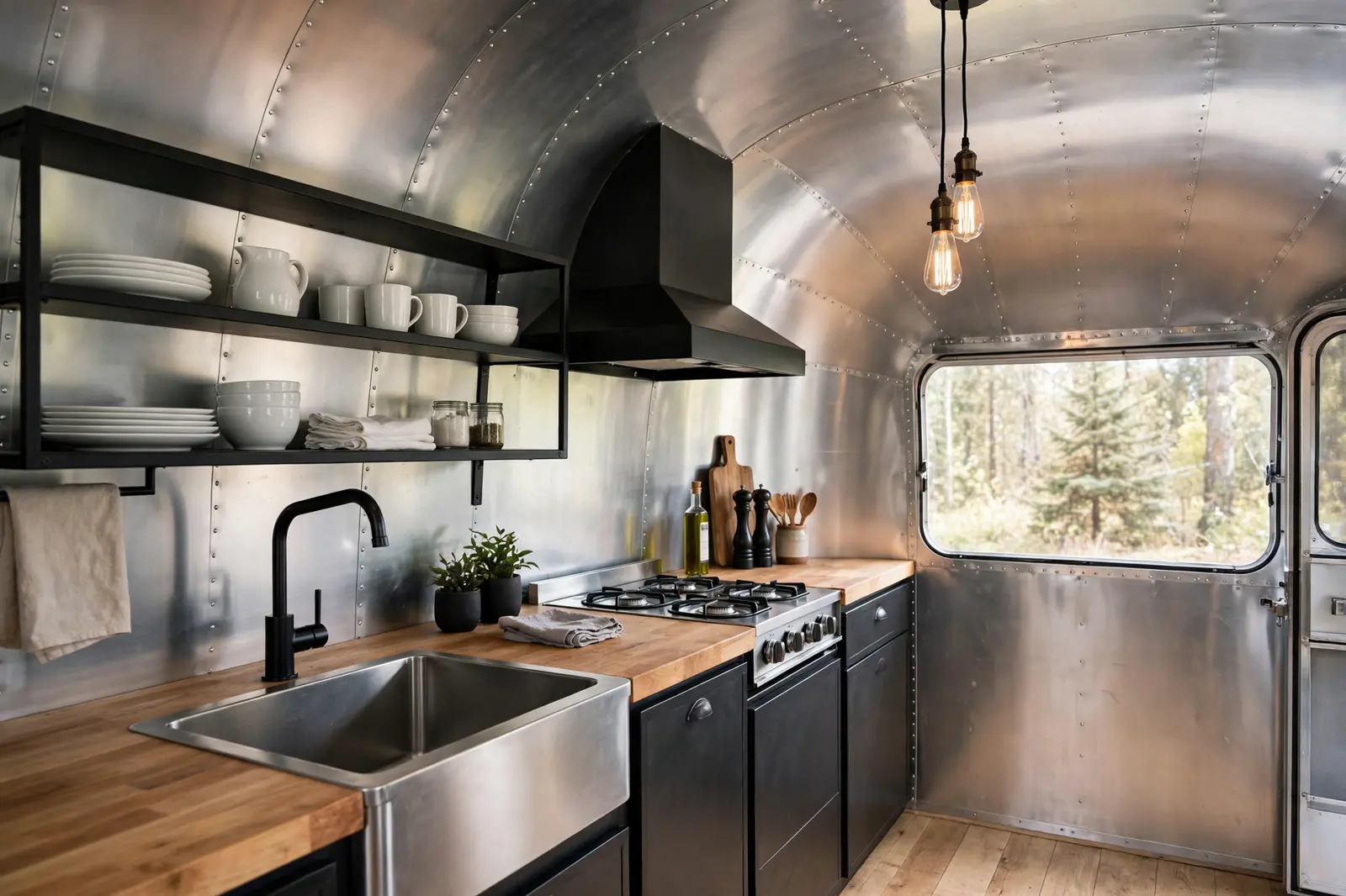 Renovated vintage Airstream kitchenette with exposed polished aluminum shell and matte black fixtures