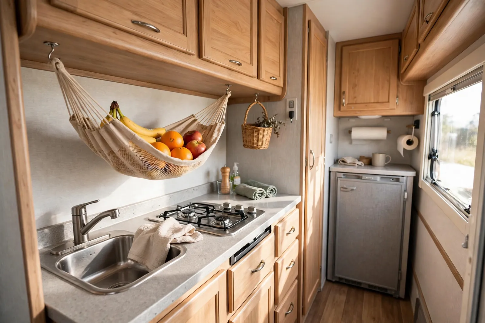 RV galley kitchen with a fabric fruit hammock under an upper cabinet holding bananas, oranges and apples