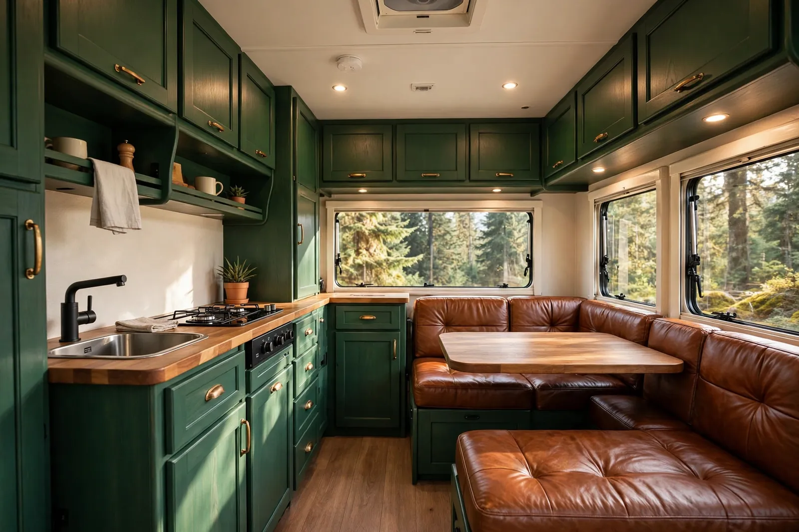 Forest green motorhome interior with cognac leather seats