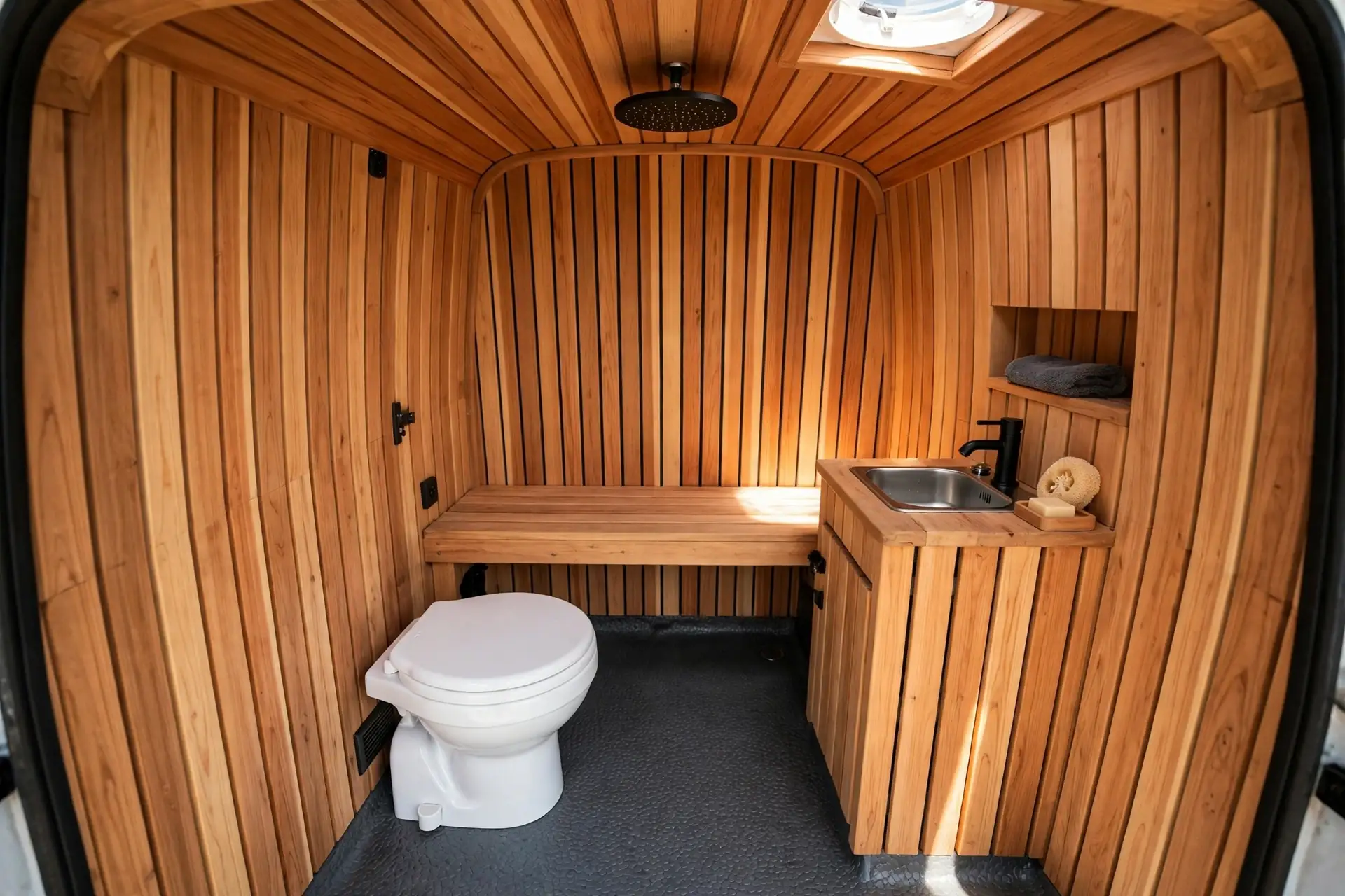 Camper van wet bath lined with warm cedar slats, bench ledge, rainfall shower, toilet and sink