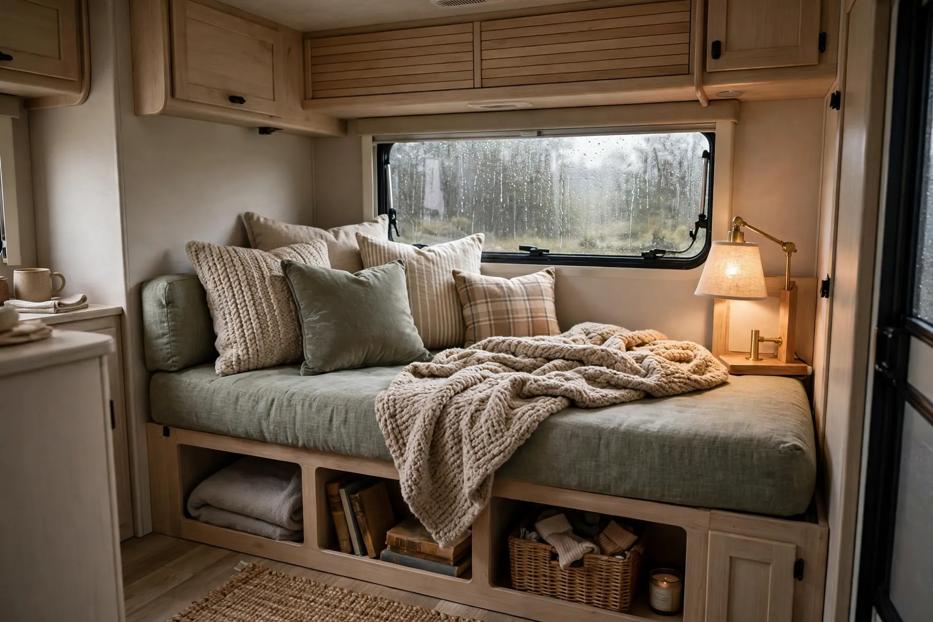 RV living room with a corner daybed piled with pillows and a throw, reading lamp and storage cubbies