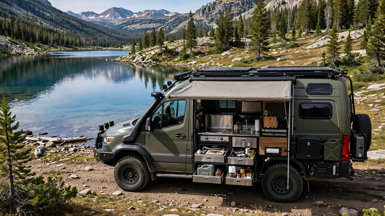 Camper van with side awning and slide-out outdoor kitchen beside a lake