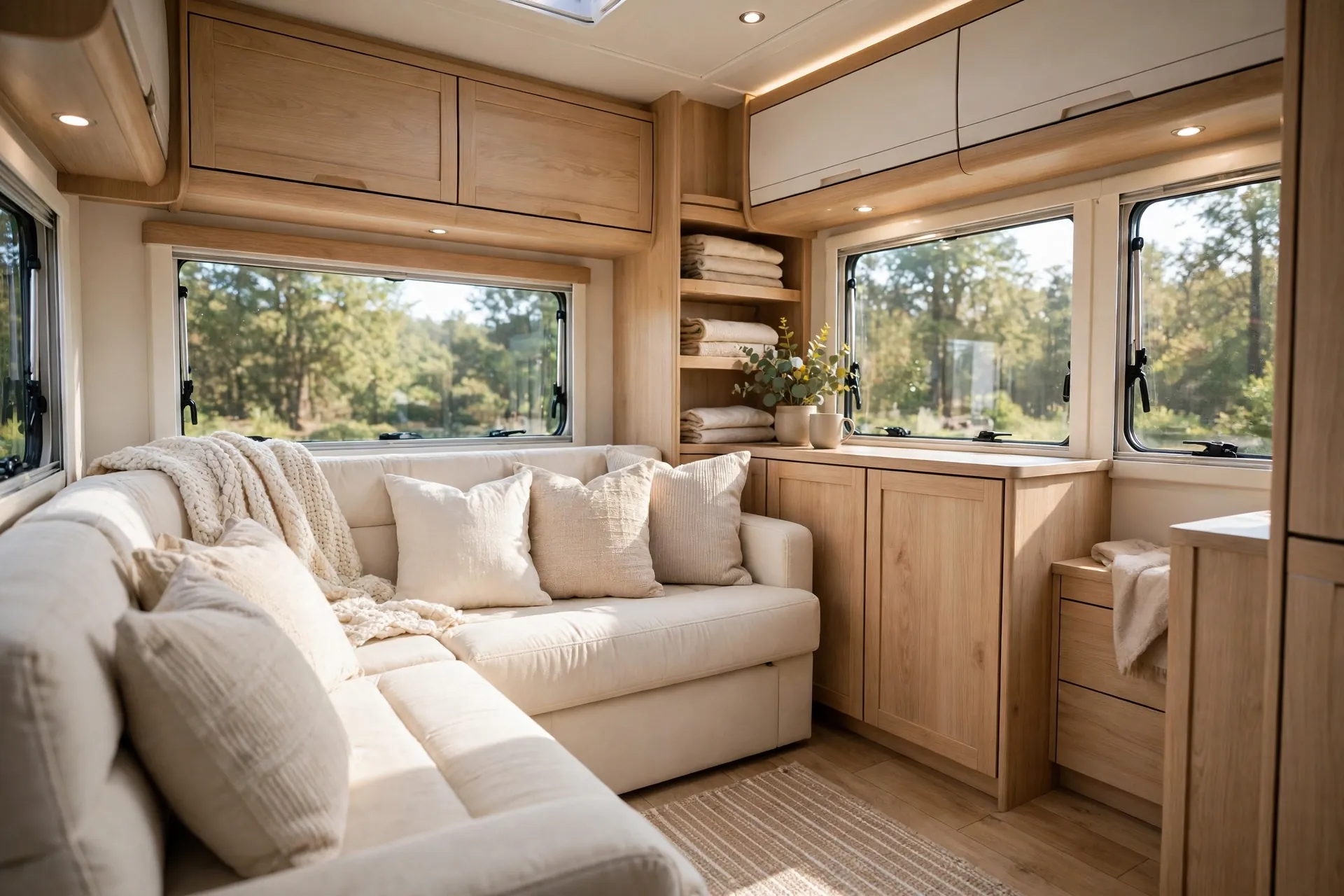 Luxury motorhome ivory and oak family lounge with L-shaped sofa