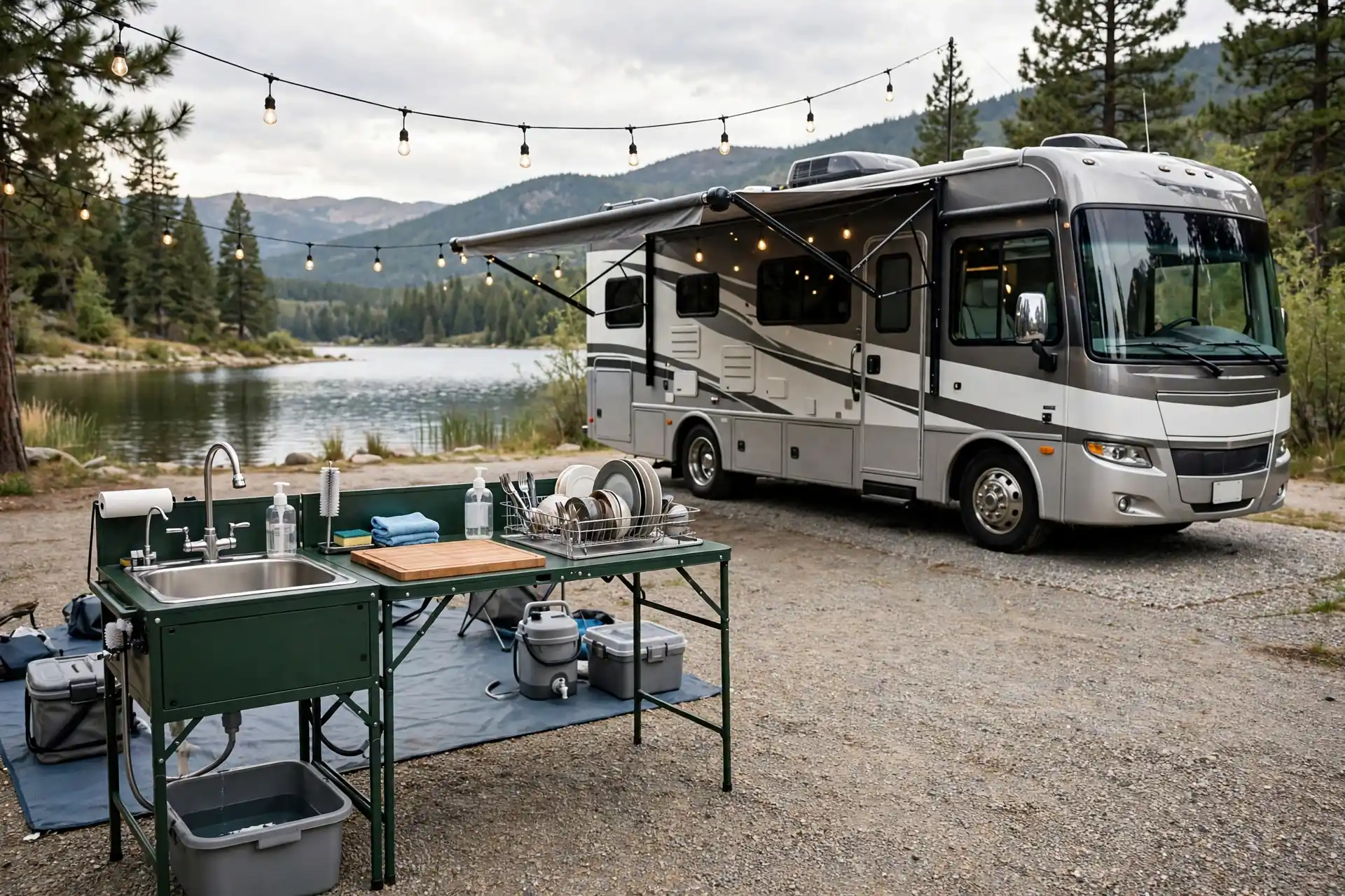 Outdoor sink and prep counter station beside a motorhome at a lakeside RV park
