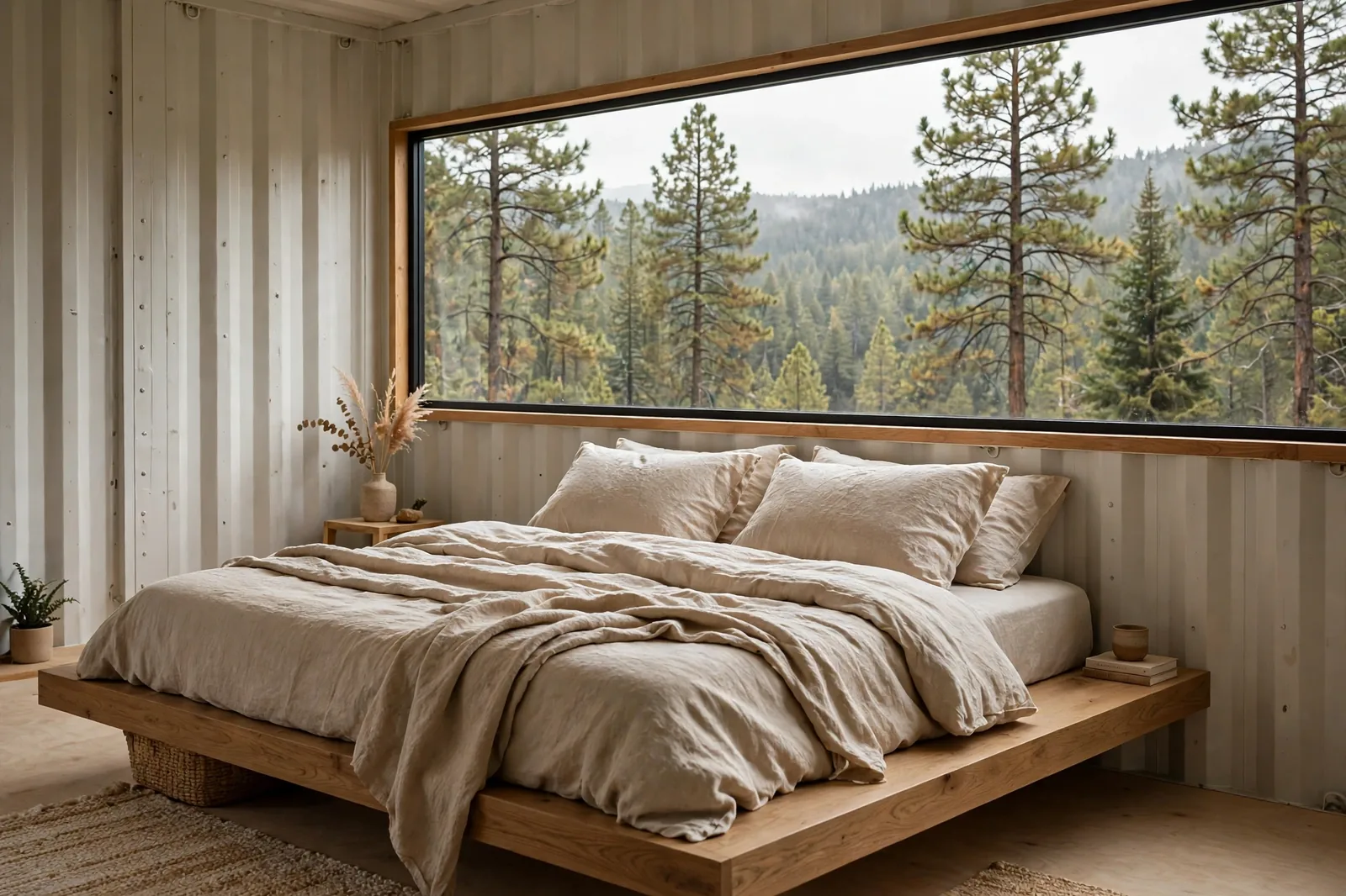 Long horizontal ribbon window above a platform bed in a container home bedroom, pine forest beyond