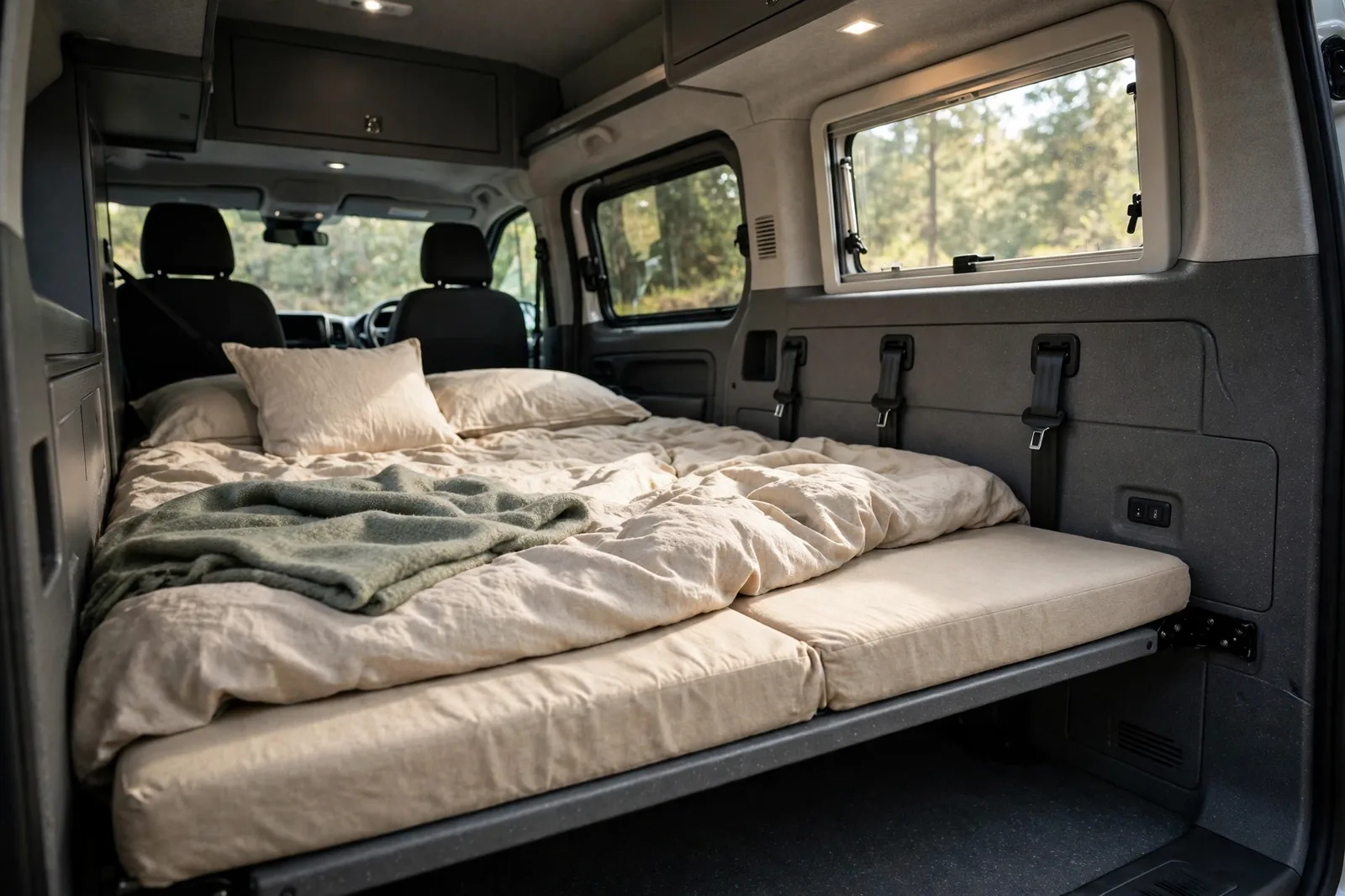Camper van rock-and-roll bed folded flat into a full bed with a mattress topper, natural linen bedding, pillows and a green throw, with seat belts and grey side panels visible