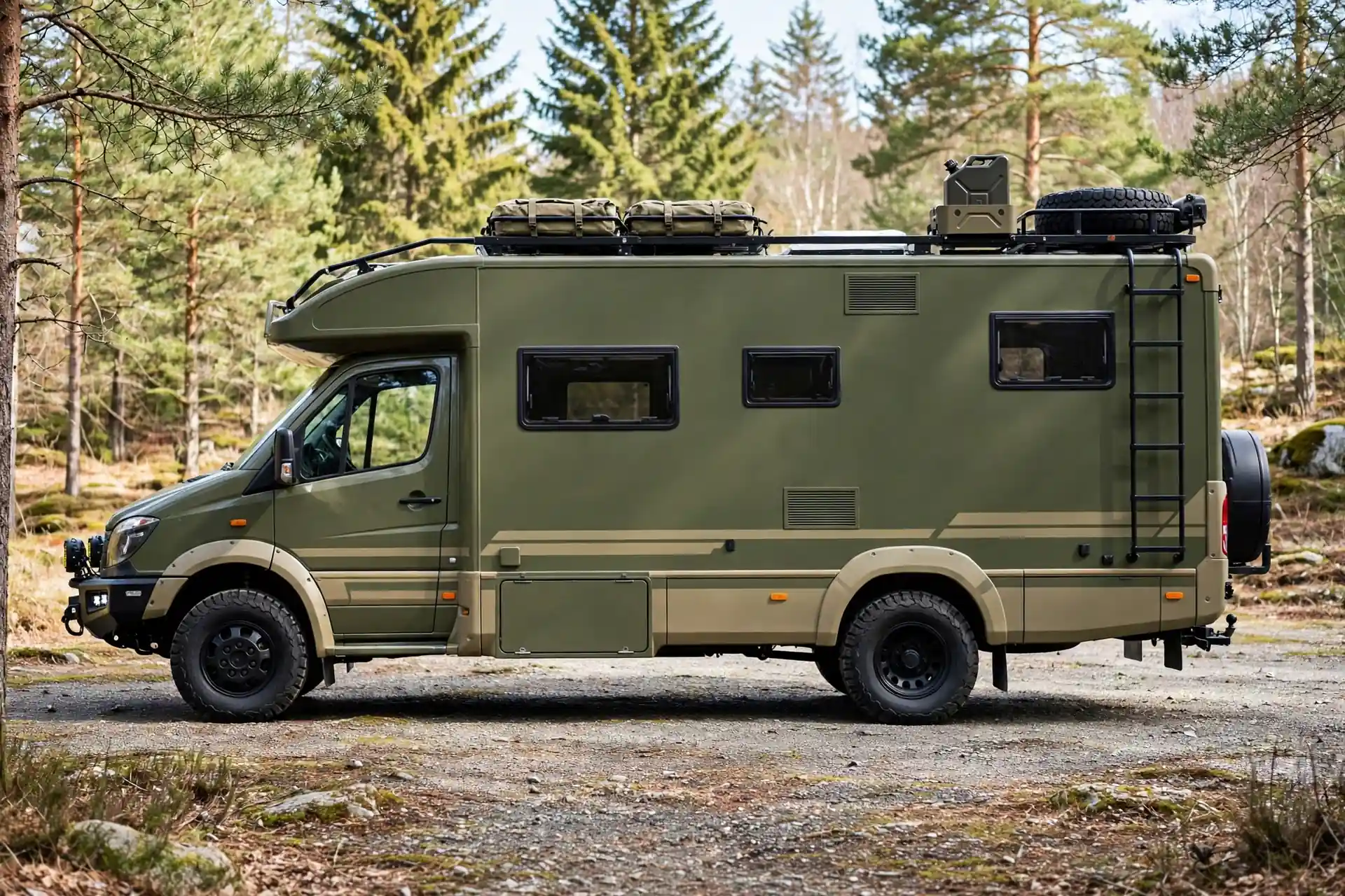 Olive green and khaki adventure motorhome exterior, full side view