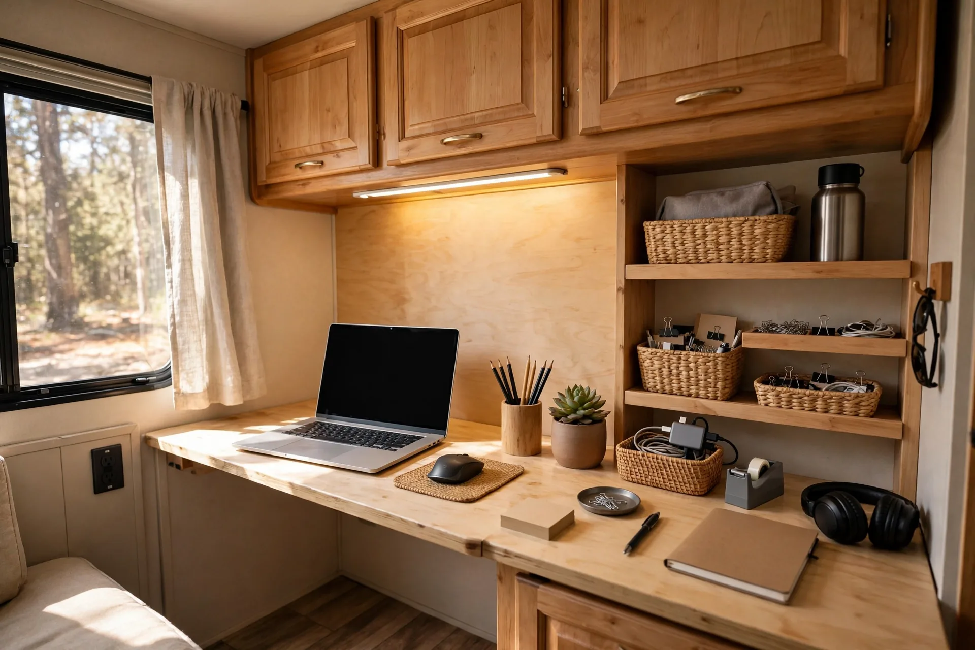 RV workstation beneath wooden overhead cabinets with under-cabinet lighting, a laptop, shelves with baskets and office supplies