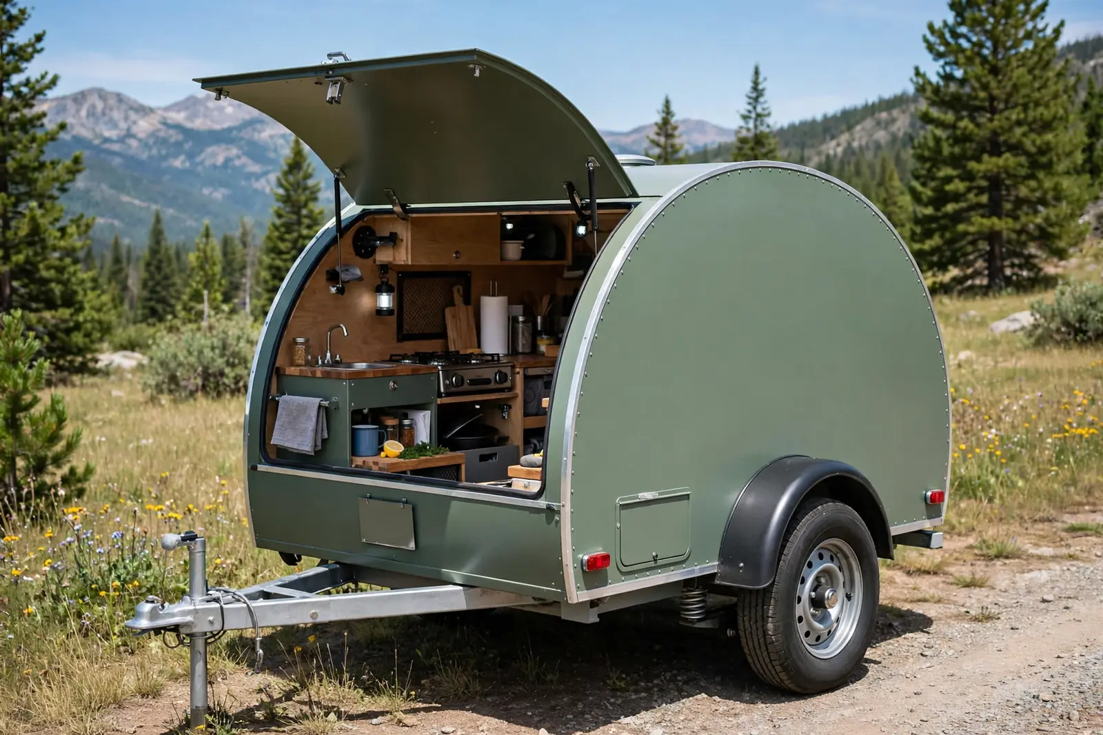 Sage-green teardrop camper trailer parked outdoors with its rear hatch open revealing a compact galley kitchen