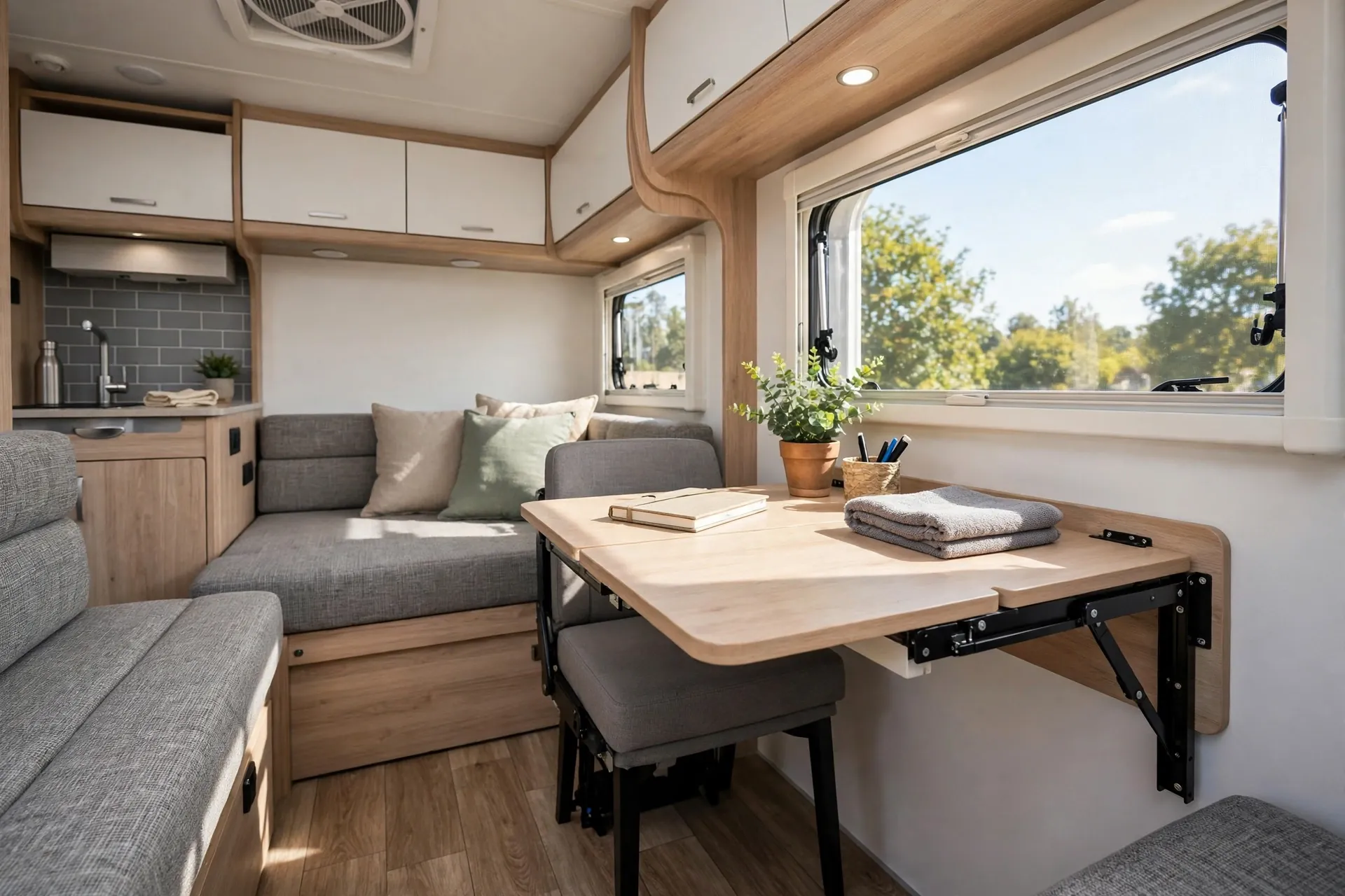 RV living area with a fold-down wall desk and table extension