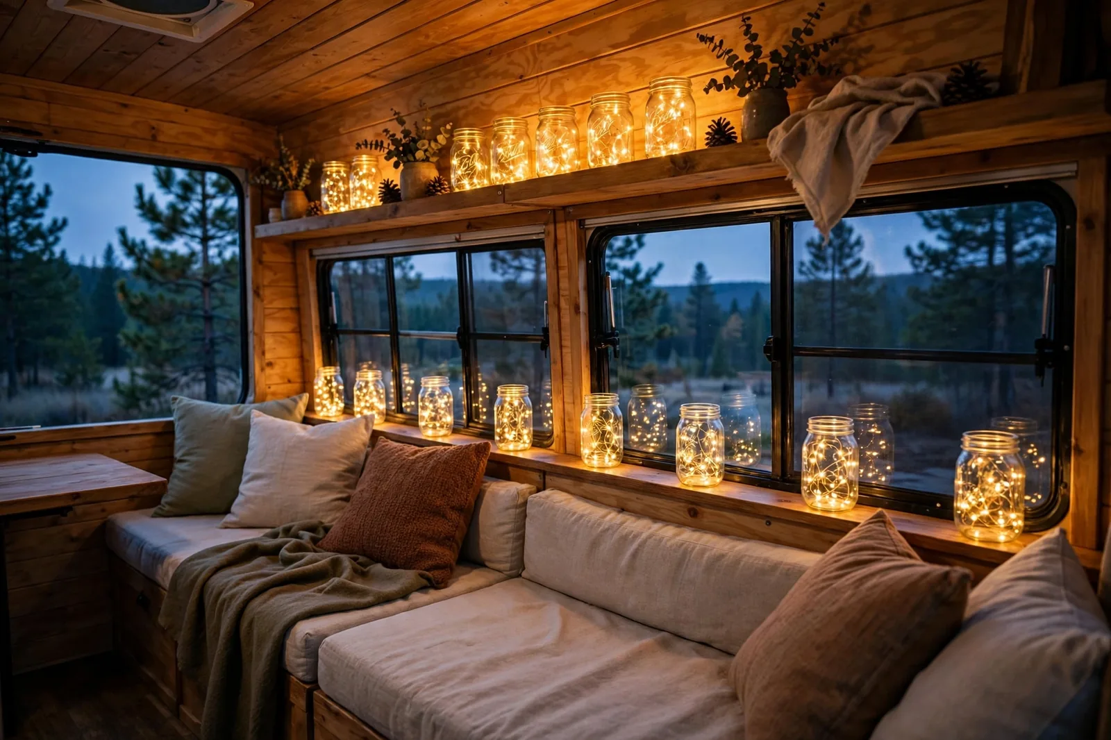 Cozy camper van shelf and windowsill decorated with glass mason jars filled with warm fairy lights glowing softly at dusk