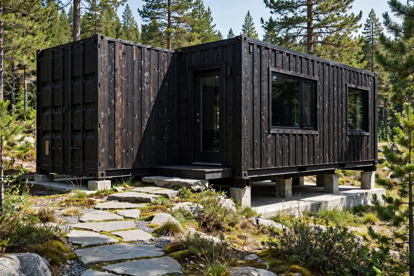 Black container home clad in charred shou-sugi-ban cedar boards with stone path and pines