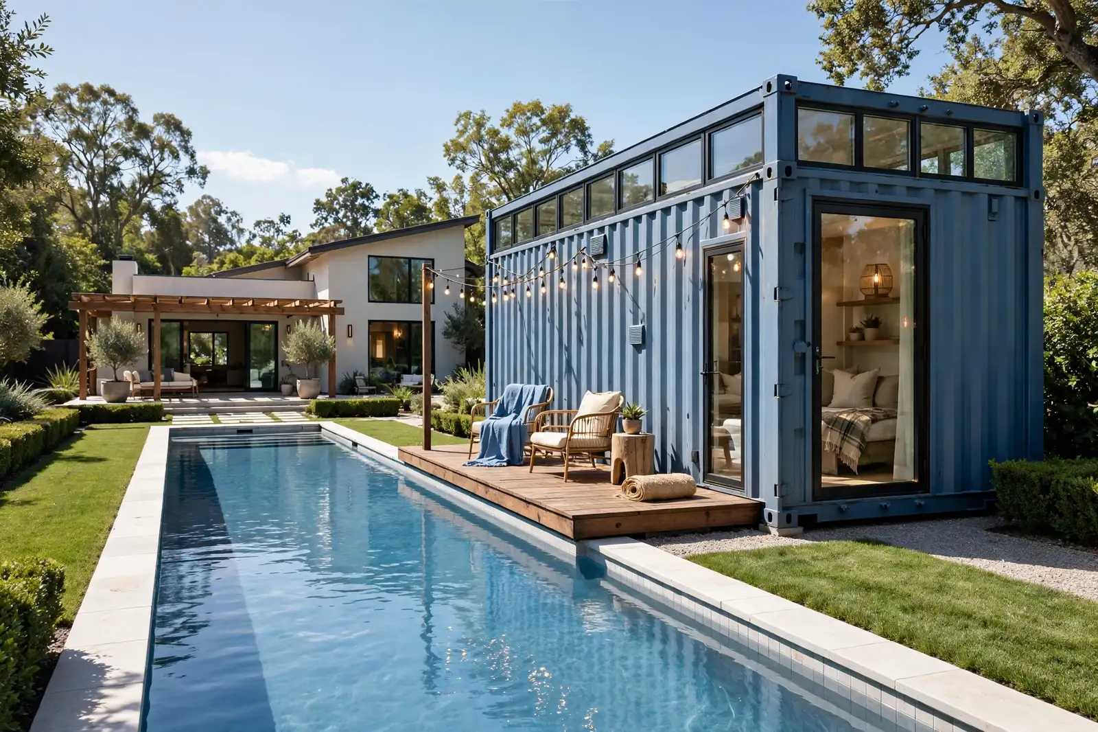 A dusty blue 20ft container guest suite with private deck at the far end of a pool