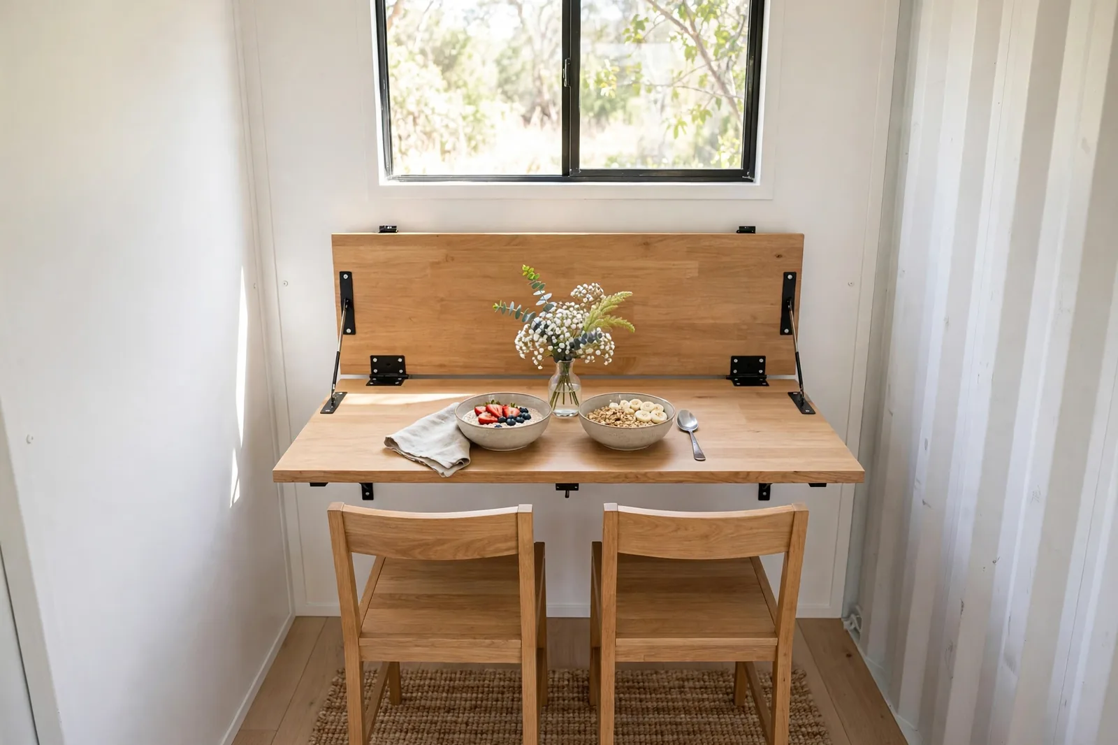 Container dining nook with a wall-mounted fold-down oak table set for breakfast and two wooden chairs under a window