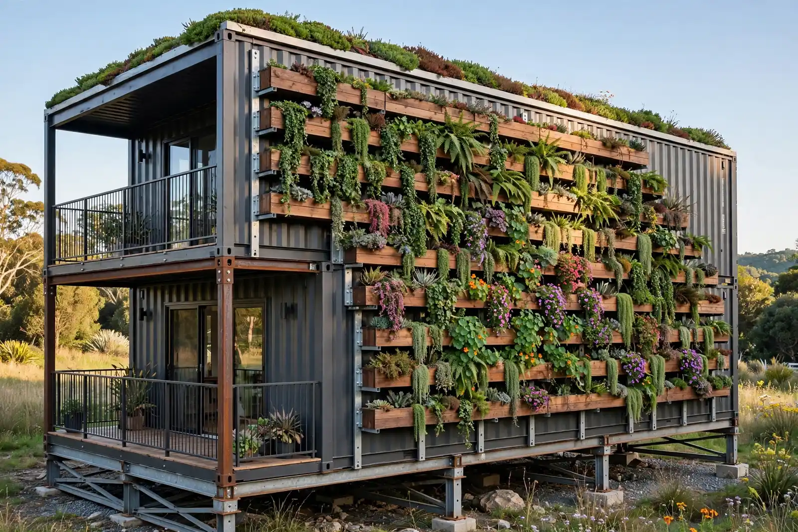 Two-story stacked container home on steel piers with tiers of wooden planter boxes cascading down the long wall and a sedum roof