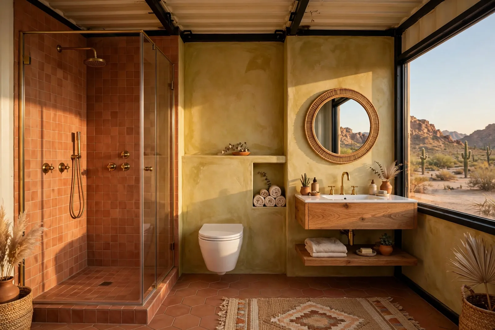 Complete container home bathroom with terracotta tile shower, limewash walls, brass fixtures, oak vanity and wall-hung toilet