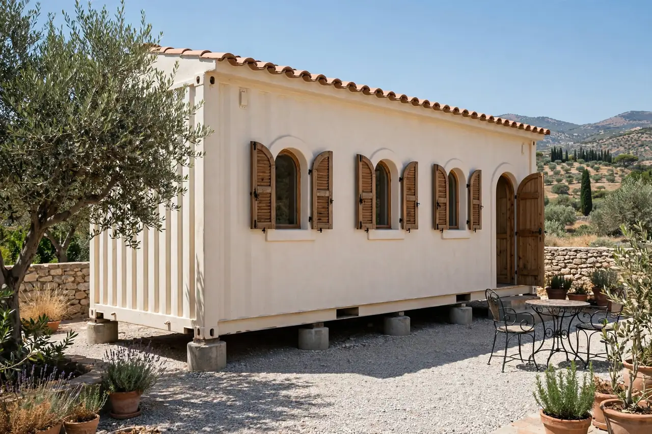 Mediterranean shipping container guest house with white stucco, terracotta roof edge and shutters