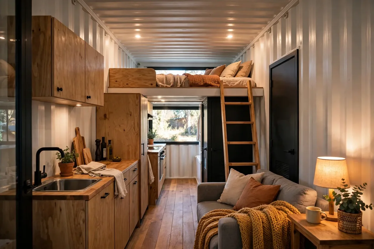 Inside a convincingly narrow 40-ft container, a sleeping-loft mezzanine floats above the kitchen and bath core with a wooden ladder, warm lamp-lit seating in front.