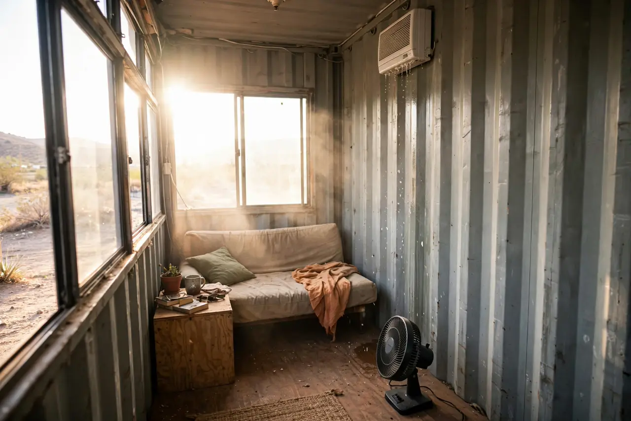 Small container living room on a hot day with an underpowered wall air conditioner dripping condensation and a portable fan