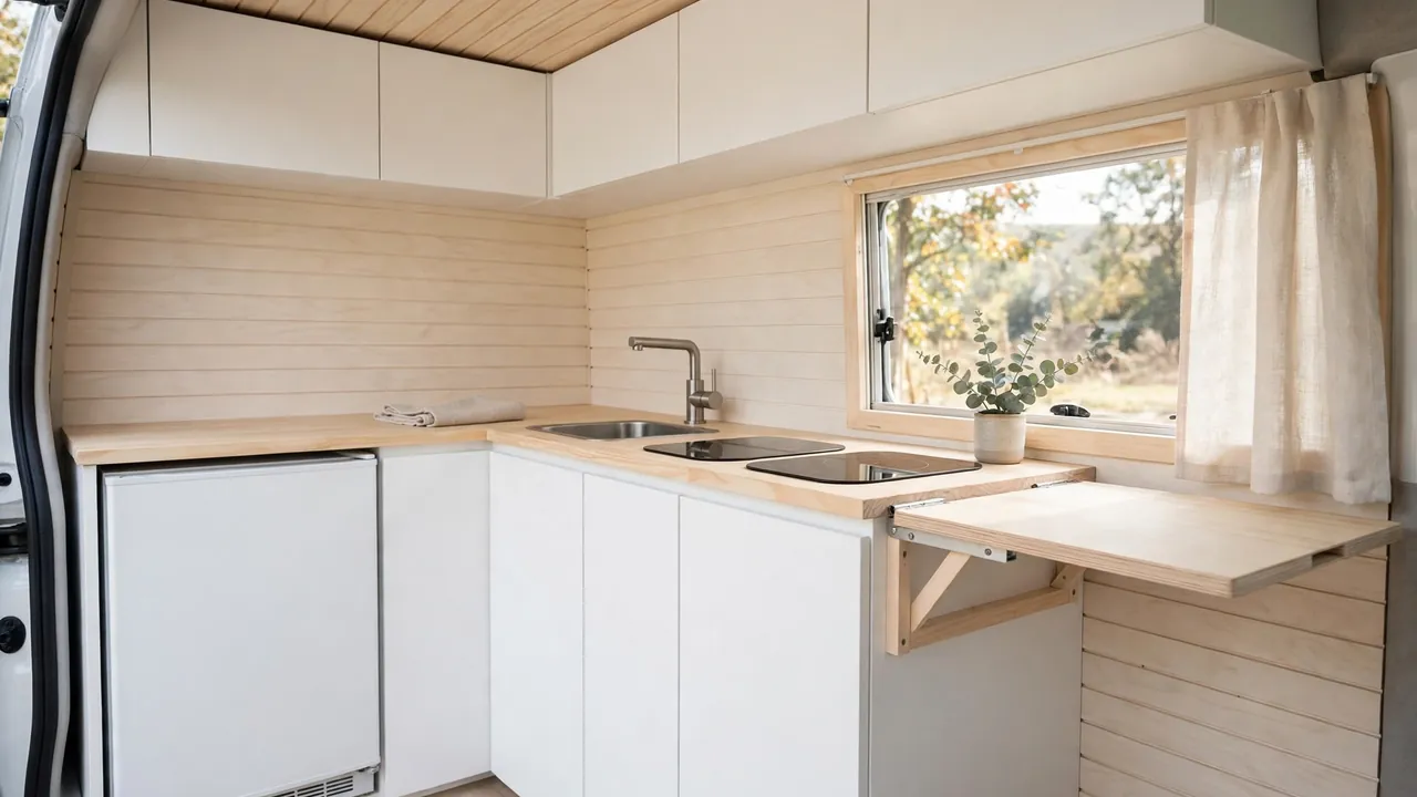 Minimalist compact camper van kitchen with flush two-burner cooktop