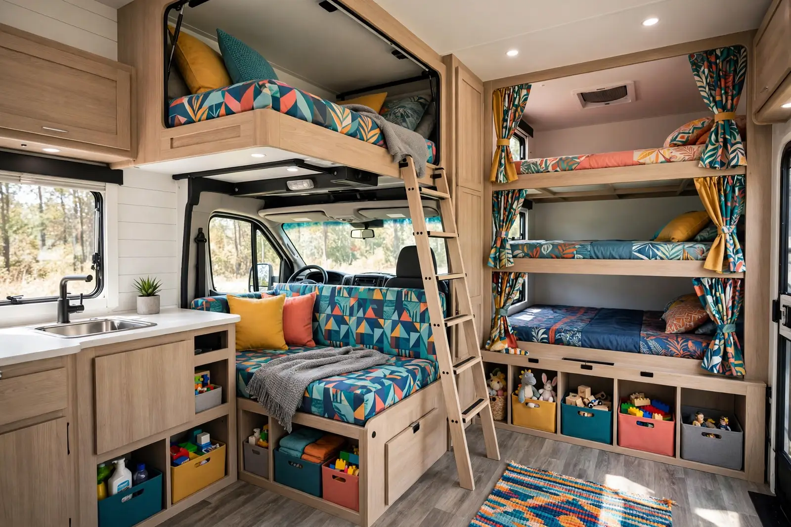 Renovated Class C motorhome bunkhouse interior with rear triple bunk beds dressed in colorful patterned bedding and privacy curtains, plus a cab-over bunk, kitchen counter, and cubbies filled with toys and storage bins.