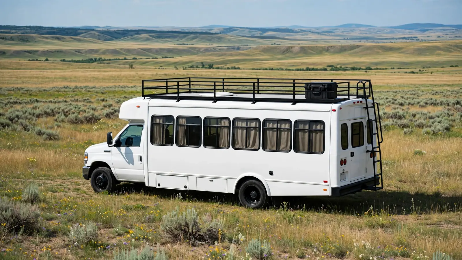 Converted white shuttle bus with a full-length rooftop deck on the open prairie