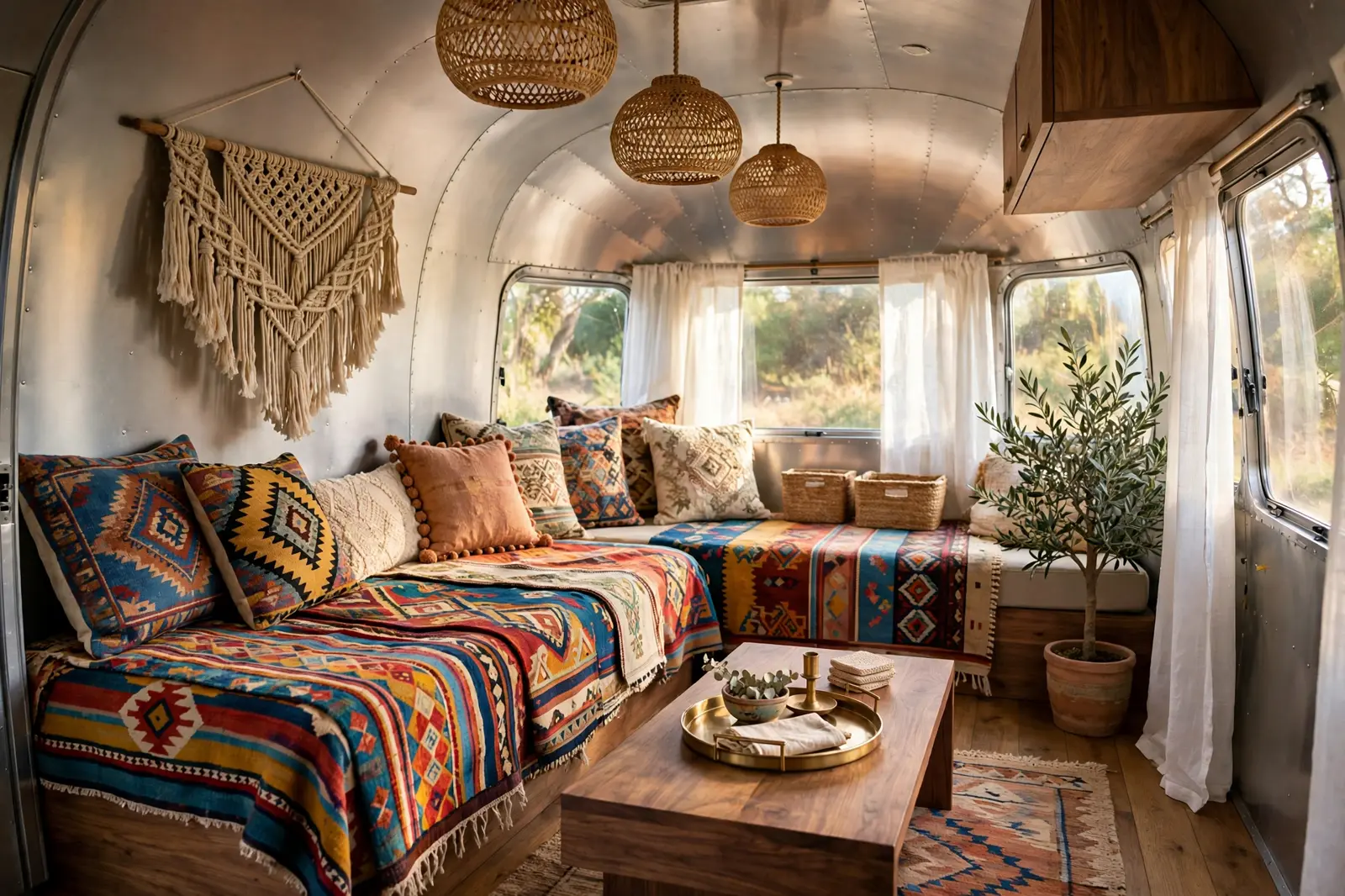 Renovated vintage Airstream lounge layered with kilim textiles, macrame, and rattan lighting
