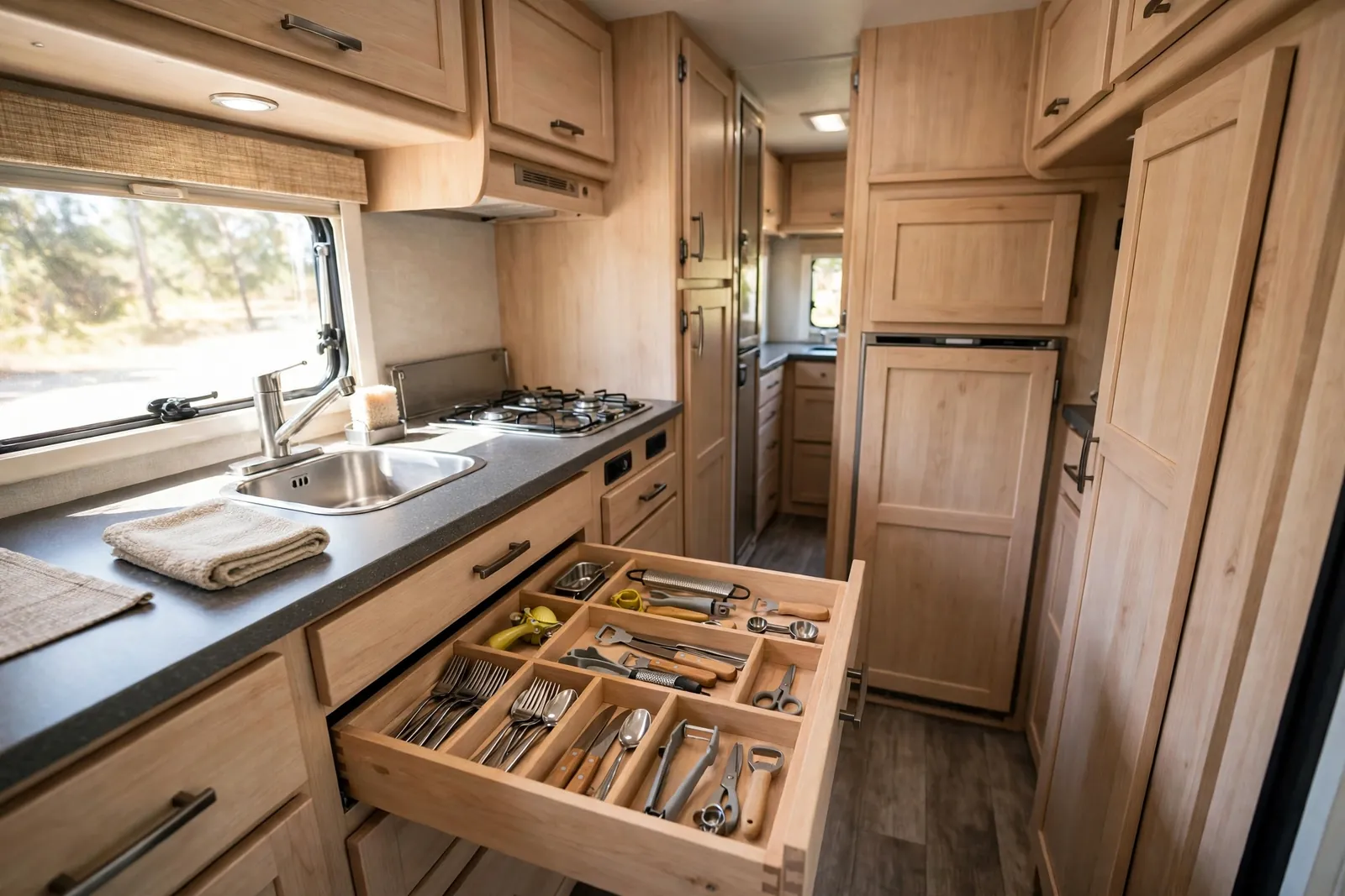 RV galley kitchen with a shallow drawer fitted with wooden organizer inserts for cutlery and gadgets