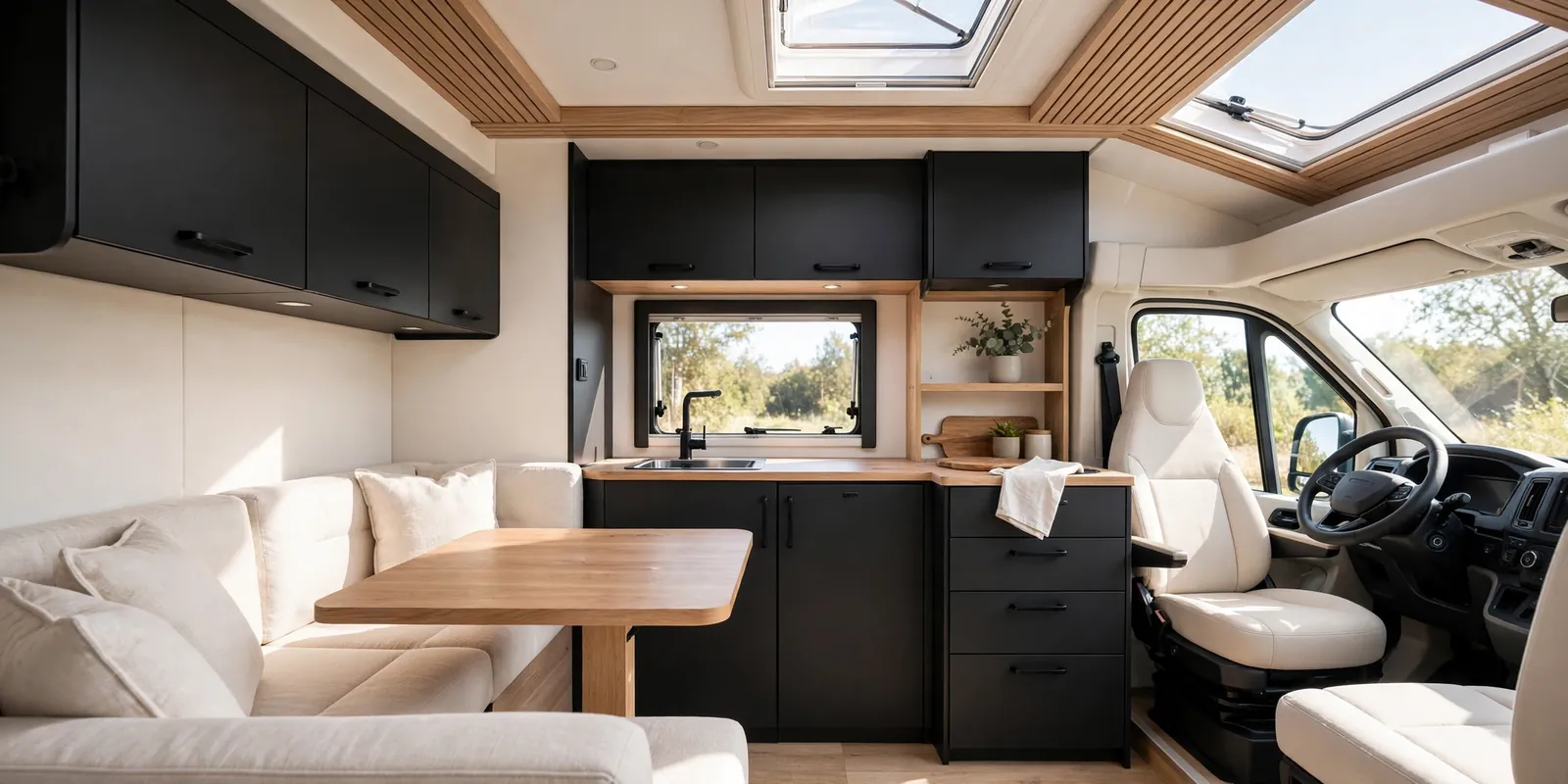 Matte black and warm white motorhome interior