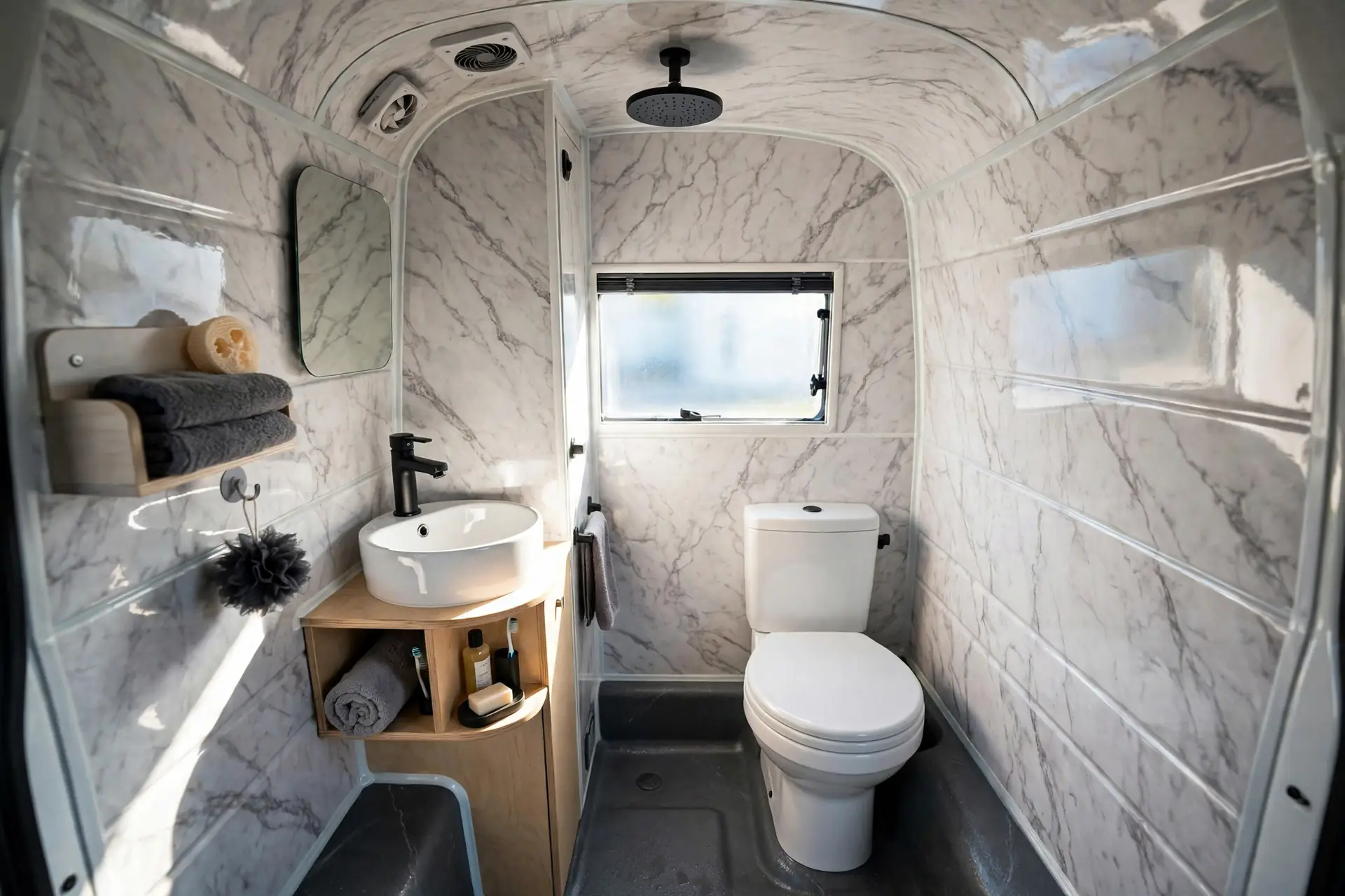 Camper van wet bath with marble-look panels, rainfall shower, toilet and round sink