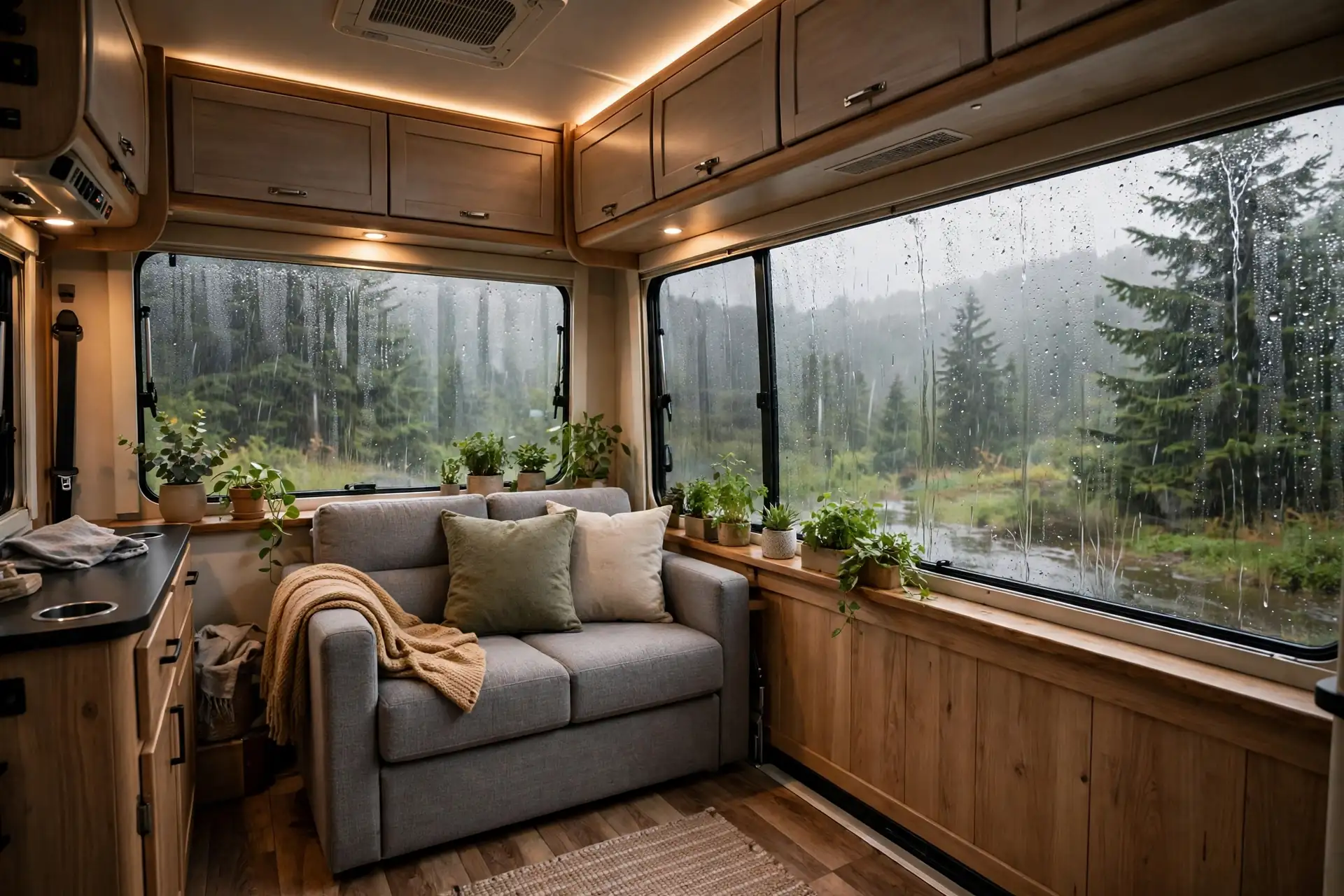 RV living room in an extended slide-out section with panoramic rain-covered windows and a compact sofa