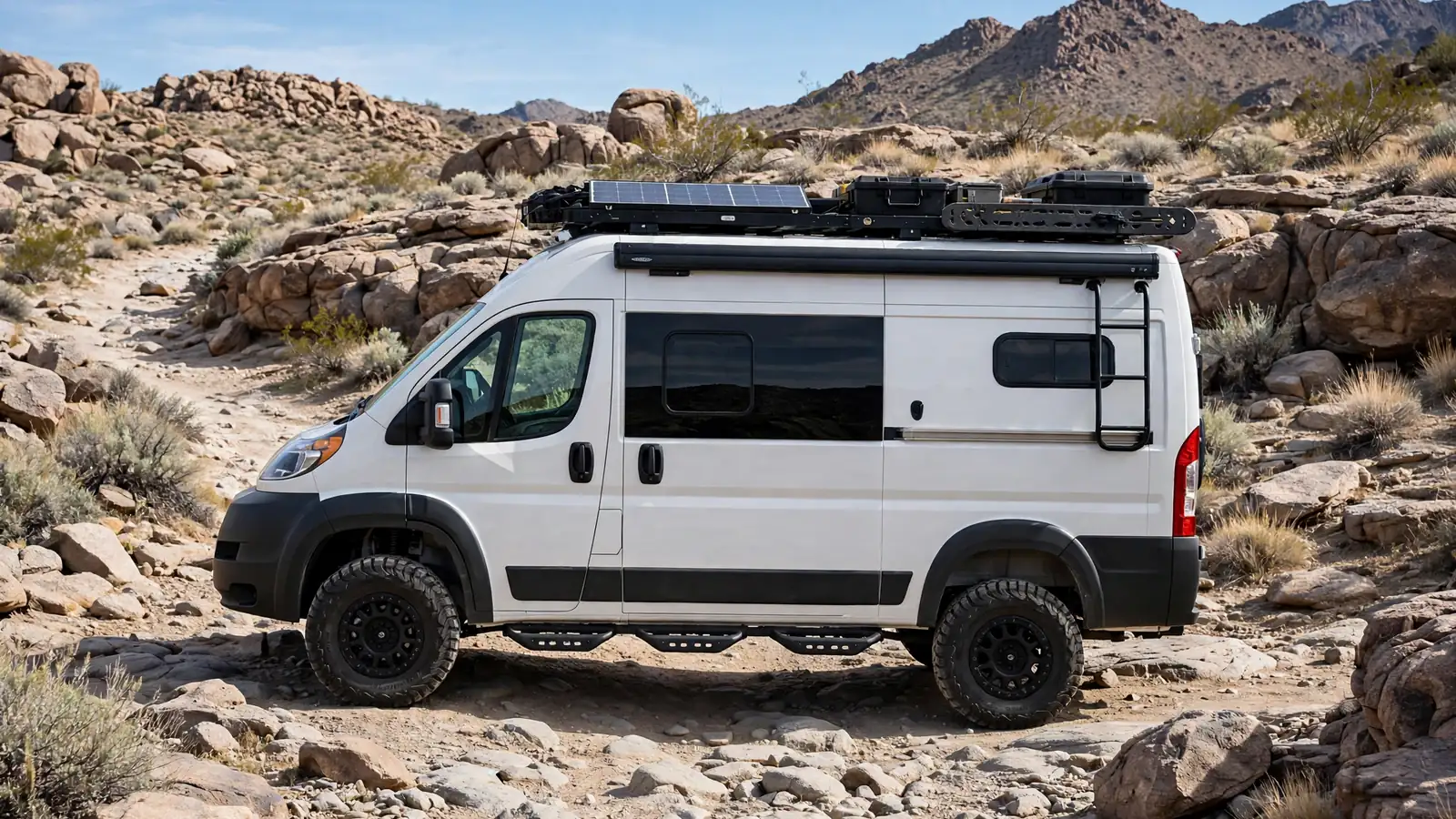 Lifted camper van with rock sliders on a rocky trail