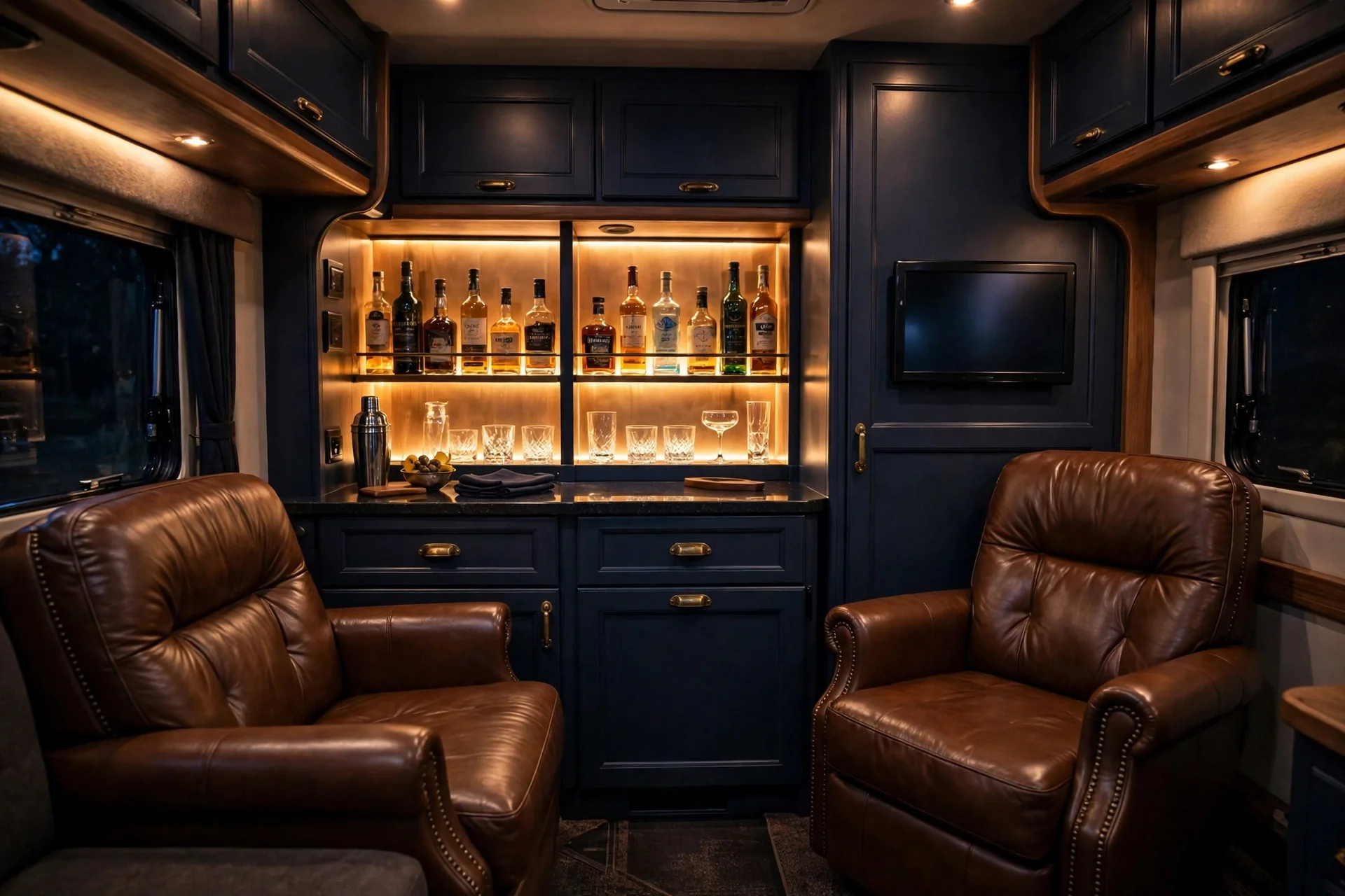 Luxury motorhome midnight bar lounge with navy cabinetry and backlit drinks display