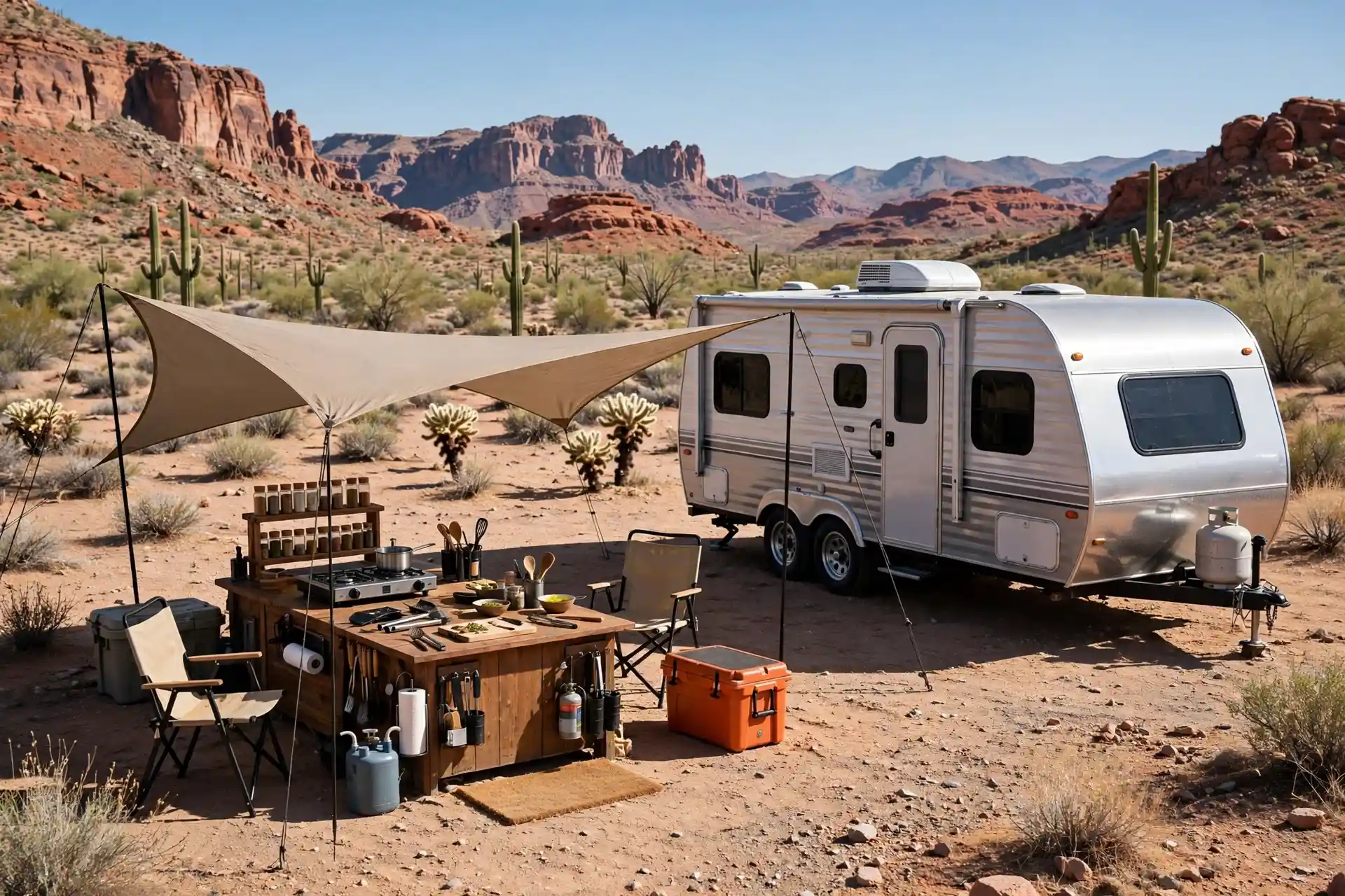 Shade sail chef's corner with prep island beside a travel trailer at a desert campsite