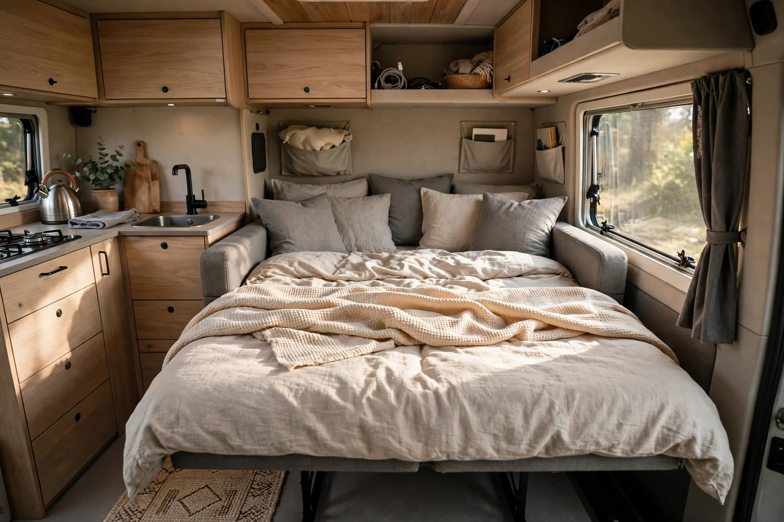 Camper van sofa pulled out into a double bed made up with cream linen bedding and grey and beige cushions, with armrests, overhead wooden cabinets and a compact kitchen area beside it