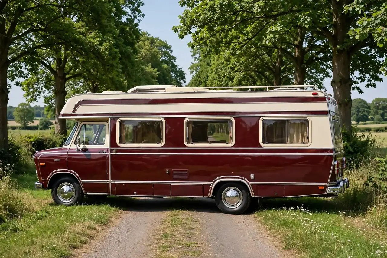 Burgundy and cream vintage motorhome exterior, full side view