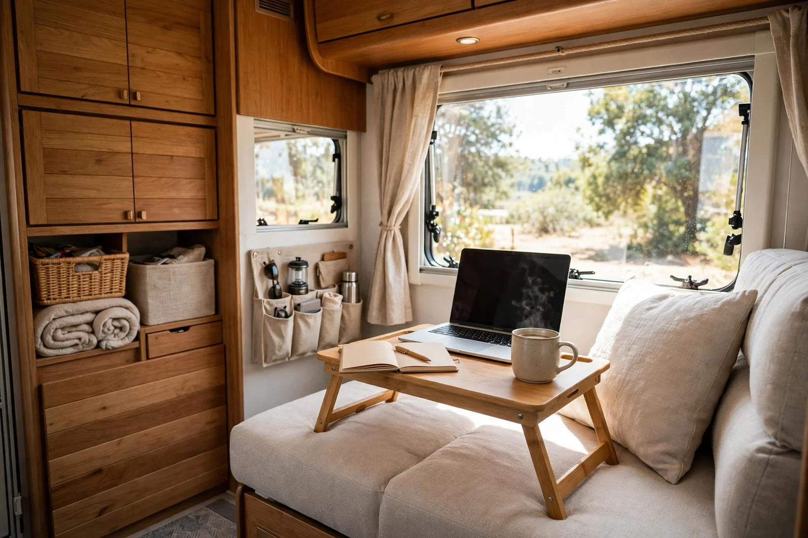 Portable wooden lap desk with laptop, notebook and coffee mug on a light RV lounge sofa beside a large window, with wood storage cabinets nearby