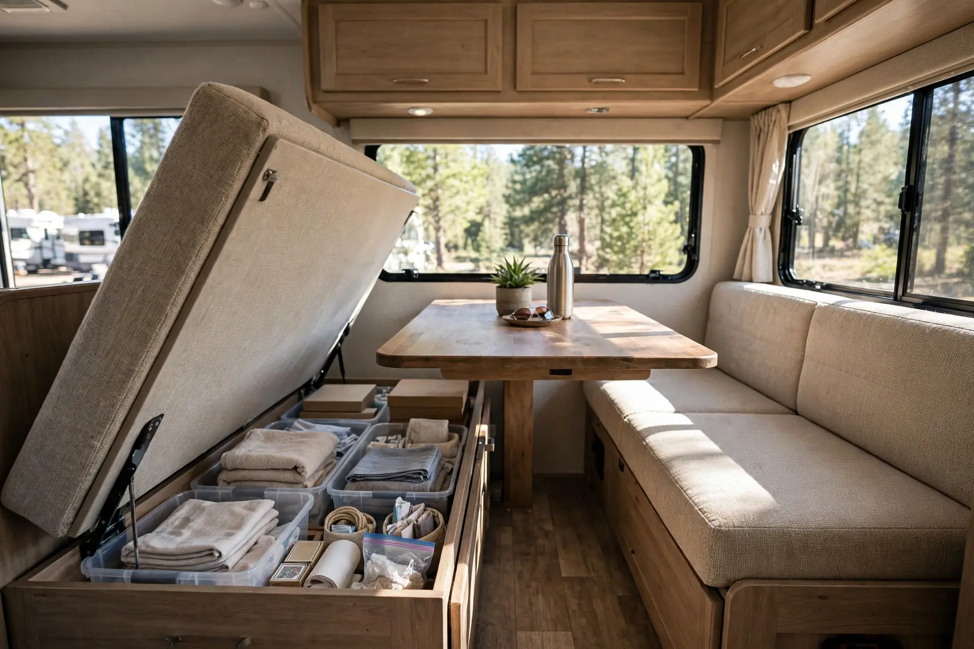 RV dinette bench with cushion lifted revealing labeled storage bins inside